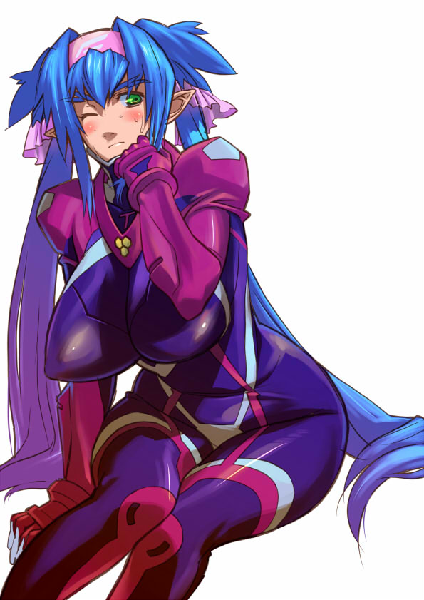 choobackers32, choobackers32 (pixiv200837), klan klein, macross, macross frontier, 00s, 1girl, bodysuit, boots, breasts, covered erect nipples, female focus, green eyes, headband, huge breasts, long hair, maclone, one eye closed, pointy ears, purple bodysuit, purple boots, solo, wink