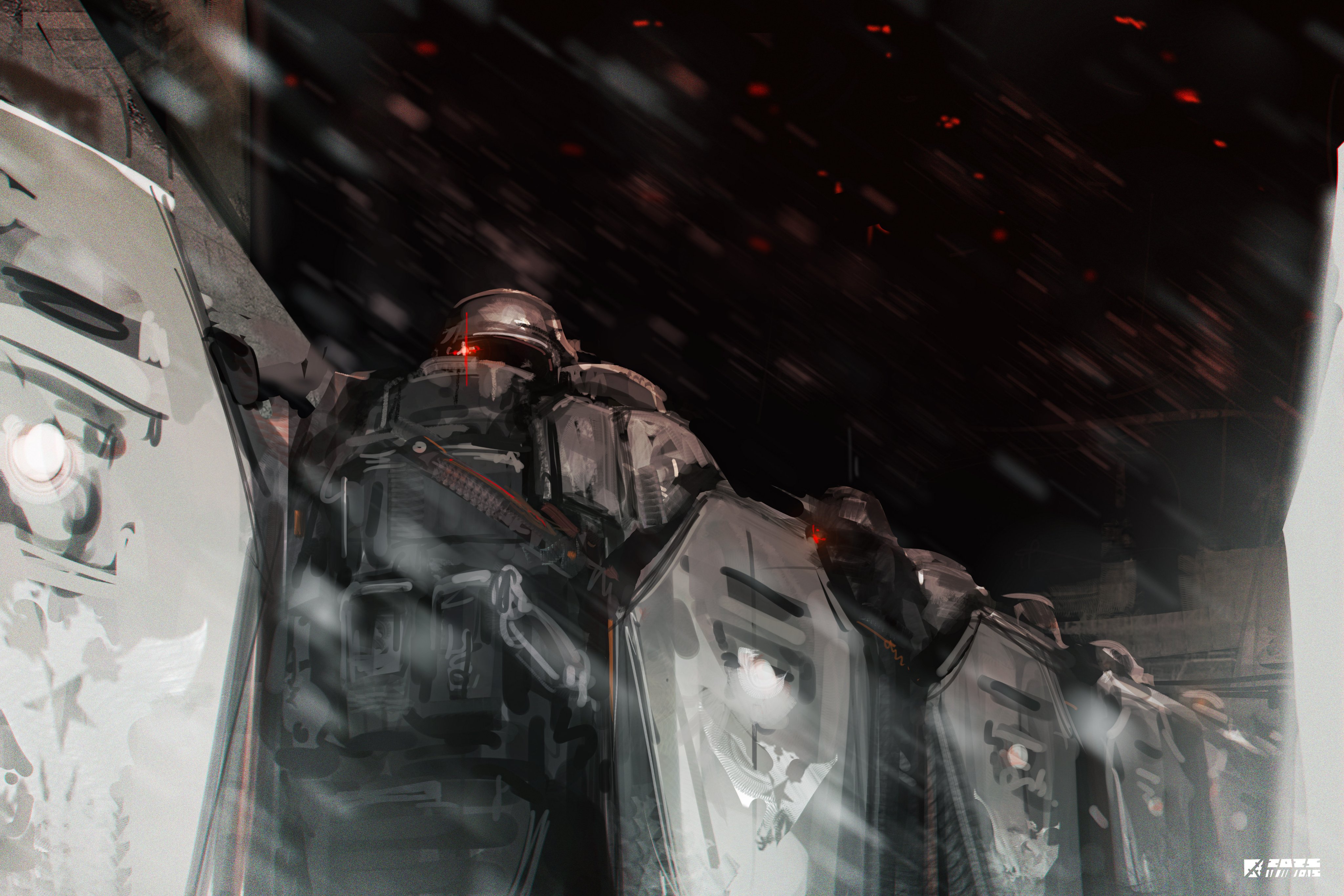 qiumoyixing, shieldguard (arknights), arknights, absurdres, hashtag-only commentary, highres, 6+boys, armor, blizzard, cowboy shot, helmet, military combat uniform, military uniform, multiple boys, night, night sky, riot shield, shield, sky, standing, ursus logo