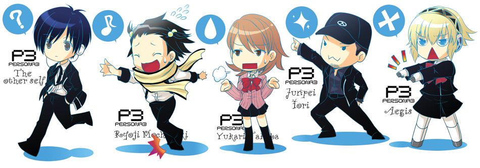 rimecandy, aigis (persona), iori junpei, mochizuki ryouji, takeba yukari, yuuki makoto (persona 3), atlus, persona, persona 3, 2boys, 3girls, :<, ?, android, blonde hair, bow, chibi, earphones, hat, headphones, multiple boys, multiple girls, musical note, ribbon, school uniform, smile, suspenders, triangle mouth