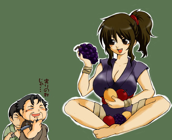 kisaragi saemon, okoi, udono jousuke, basilisk (manga), translation request, 00s, 1girl, 2boys, barefoot, breasts, brown hair, cleavage, feet, food, fruit, japanese clothes, knife, large breasts, multiple boys, ninja, ponytail, saemon kisaragi