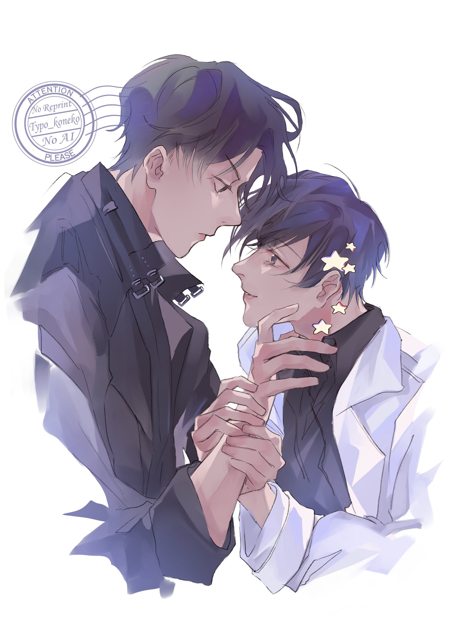 typo koneko, kim dokja, yoo joonghyuk, omniscient reader's viewpoint, highres, 2boys, belt, black coat, black eyes, black hair, black shirt, coat, collared shirt, cowboy shot, from side, hair ornament, hand on another's wrist, looking at another, male focus, multiple boys, open clothes, open coat, popped collar, shirt, short hair, smile, star (symbol), star hair ornament, white coat, yaoi