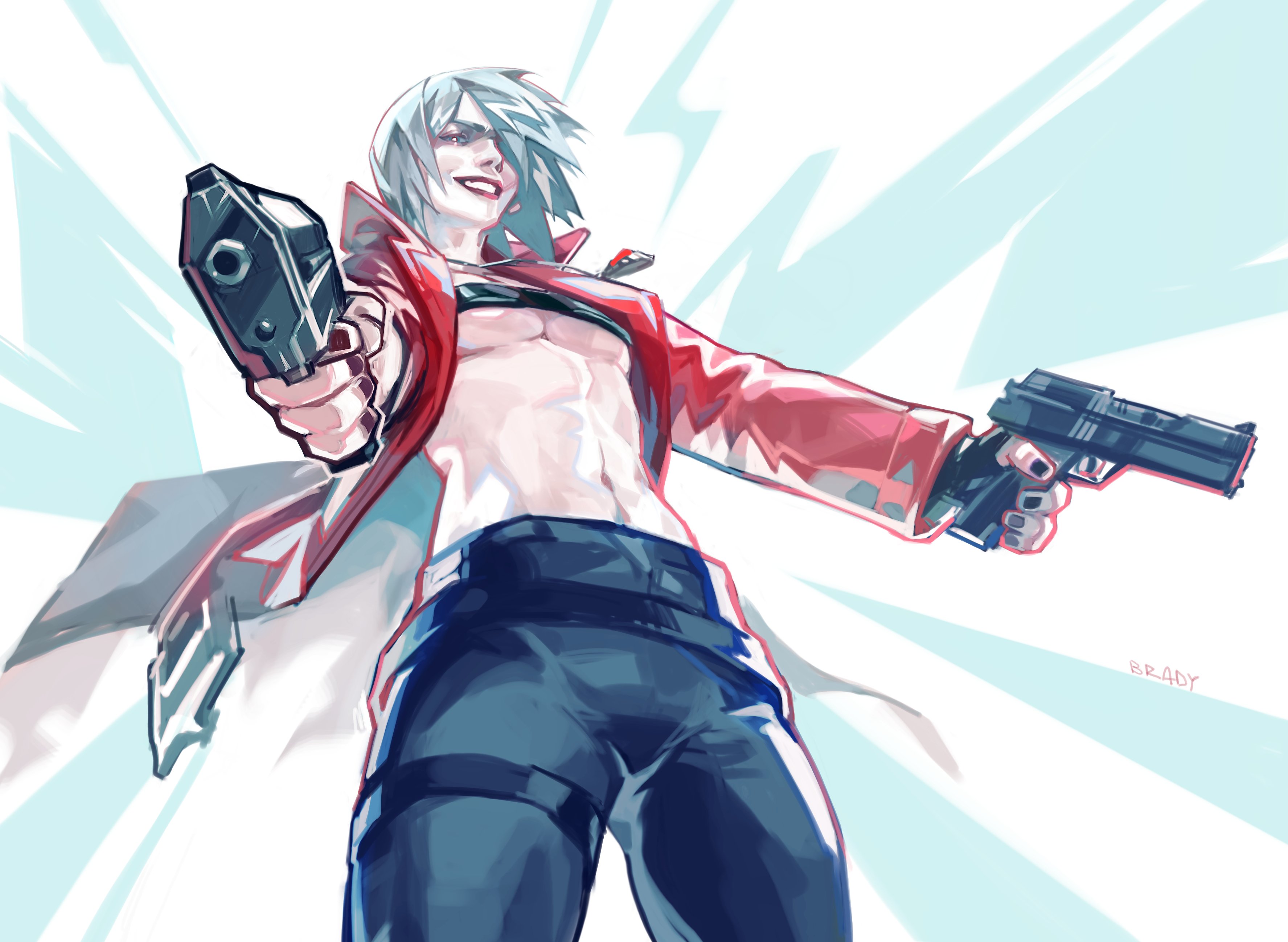 brady (readybrady), dante (devil may cry), devil may cry (series), absurdres, highres, 1girl, abs, aiming, aiming at another, aiming at viewer, black gloves, black nails, black pants, chest belt, coat, finger on trigger, fingerless gloves, fingernails, from below, genderswap, genderswap (mtf), gloves, gun, hair over one eye, handgun, holding, holding gun, holding weapon, jewelry, looking at viewer, medium hair, navel, necklace, nose, open clothes, open coat, pants, red coat, red lips, signature, simple background, smile, solo, teeth, upper body, weapon, white hair