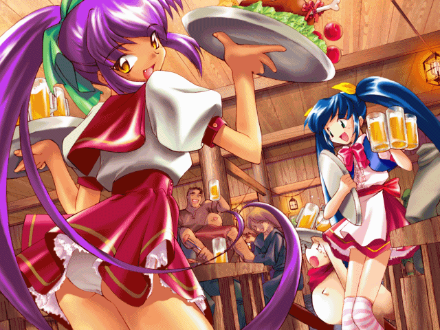 karen (artist), alisa (kaerunyo panyon), panyon (kaerunyo panyon), syarm (kaerunyo panyon), kaerunyo panyon, striped legwear, 2girls, 3boys, :d, alcohol, apple, ass, beer, blue eyes, blue hair, carrying, cup, dark skin, dithering, dog, dual wielding, eating, fang, food, fruit, hair ribbon, holding, lantern, long hair, looking back, mug, multiple boys, multiple girls, open mouth, panties, pantyshot, ponytail, purple hair, restaurant, ribbon, salad, scarf, smile, socks, standing, striped clothes, striped thighhighs, table, thighhighs, tray, twintails, underwear, upskirt, very long hair, waitress, white panties, yellow eyes, zettai ryouiki