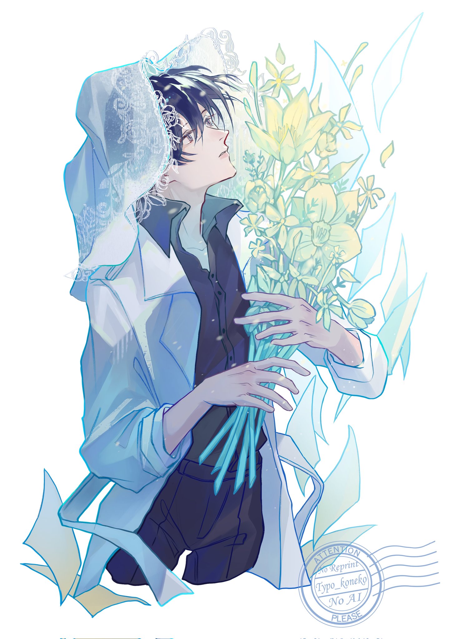 typo koneko, kim dokja, omniscient reader's viewpoint, flower request, highres, 1boy, black eyes, black hair, black shirt, bouquet, bridal veil, coat, collared shirt, cowboy shot, falling petals, flower, holding, holding bouquet, male focus, open clothes, open coat, petals, popped collar, shirt, short hair, solo, veil, white coat