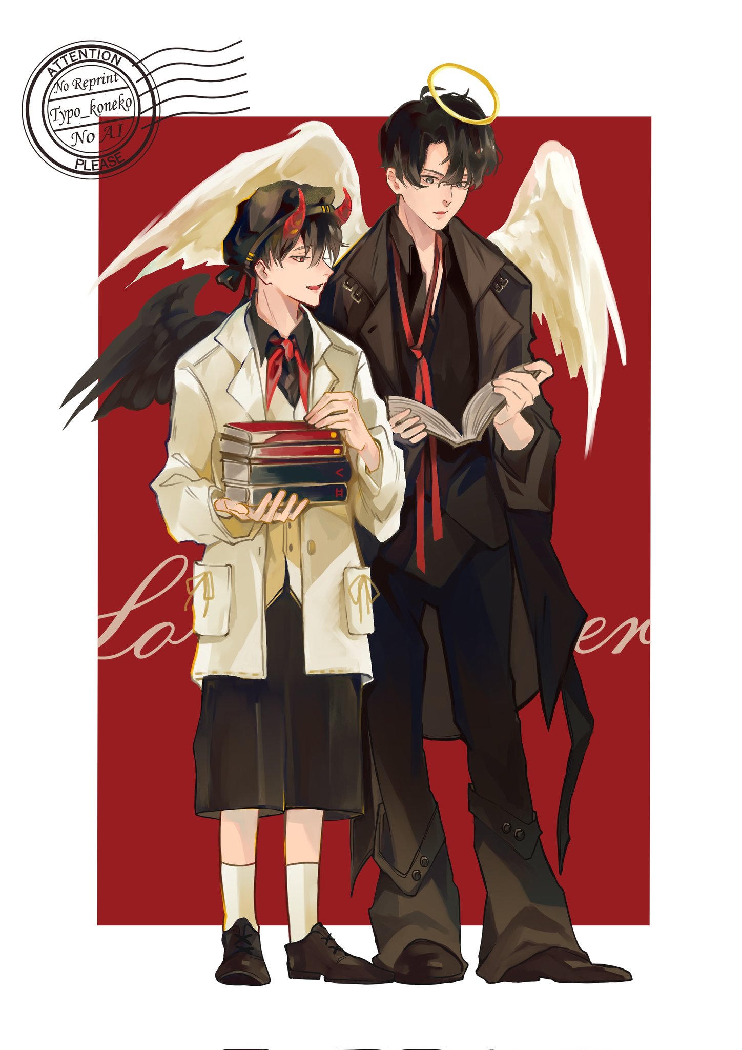 typo koneko, kim dokja, yoo joonghyuk, omniscient reader's viewpoint, highres, 2boys, angel and devil, baggy pants, black coat, black eyes, black shirt, black shorts, black wings, book, book stack, border, bow, bowtie, coat, demon ears, feathered wings, full body, halo, hat, holding, holding book, looking at another, male focus, multiple boys, neck ribbon, open book, open mouth, outside border, pants, red background, ribbon, shirt, shorts, standing, talking, vest, white border, white coat, white vest, white wings, wings