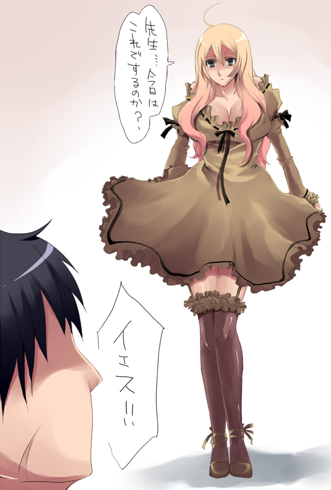nicole pmonachi, pixiv army, bad id, bad pixiv id, translation request, 1boy, 1girl, ahoge, blonde hair, breasts, large breasts, thighhighs