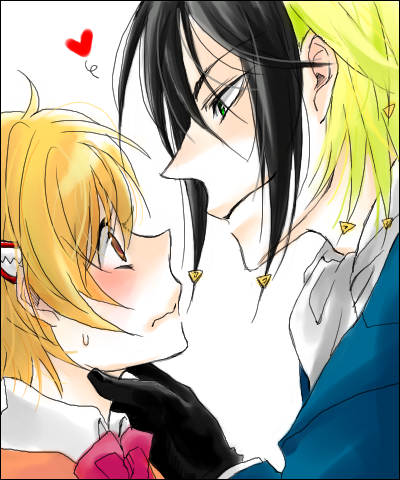 katsuragi yako, nougami neuro, majin tantei nougami neuro, lowres, 00s, 1boy, 1girl, blonde hair, blush, colored bangs, couple, green eyes, heart, hetero, multicolored hair, oekaki, short hair