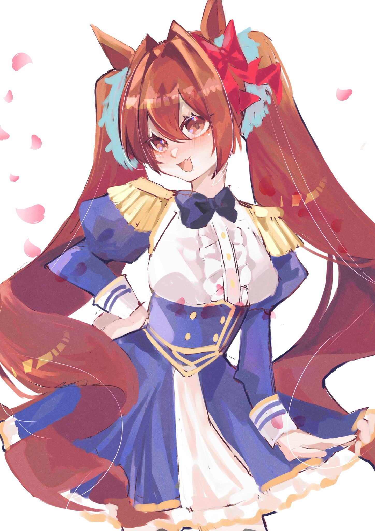 daiwa scarlet (peak blue) (umamusume), daiwa scarlet (umamusume), umamusume, highres, 1girl, animal ears, black bow, black bowtie, blue dress, blush, bow, bowtie, breasts, brown hair, center frills, dress, epaulettes, fang, frills, hair between eyes, hair intakes, horse ears, horse girl, horse tail, layered dress, long hair, long sleeves, looking at viewer, open mouth, petals, red eyes, shipapome, simple background, skin fang, smile, solo, tail, twintails, very long hair, white background, white dress