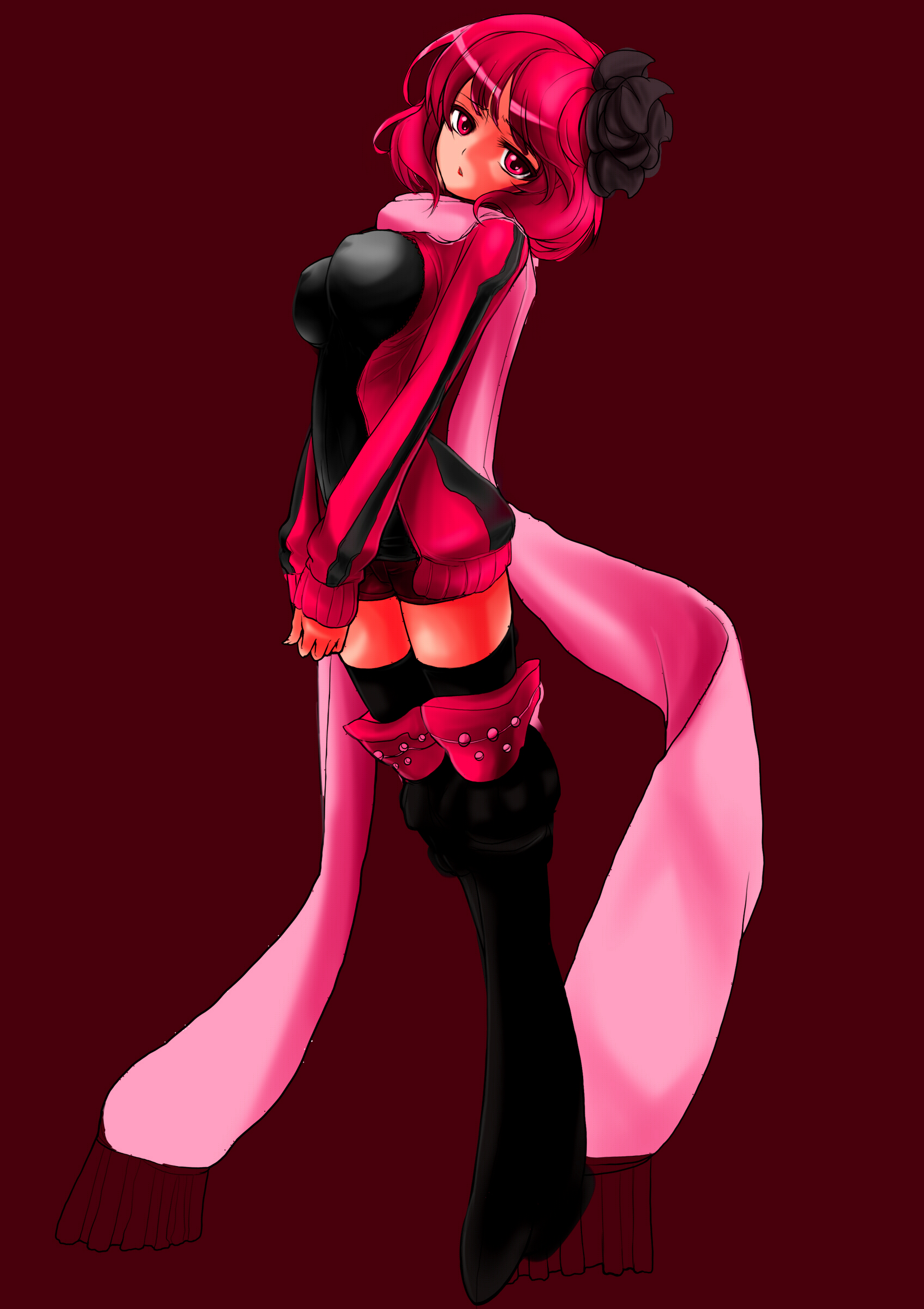 char, onsen nakaya, original, absurdres, bad id, bad pixiv id, colorized, highres, 1girl, breasts, covered erect nipples, female focus, flower, hair ornament, jacket, large breasts, long sleeves, open clothes, open jacket, red hair, rose, scarf, short hair, simple background, sleeves past wrists, solo, standing, thighhighs, track jacket, zettai ryouiki