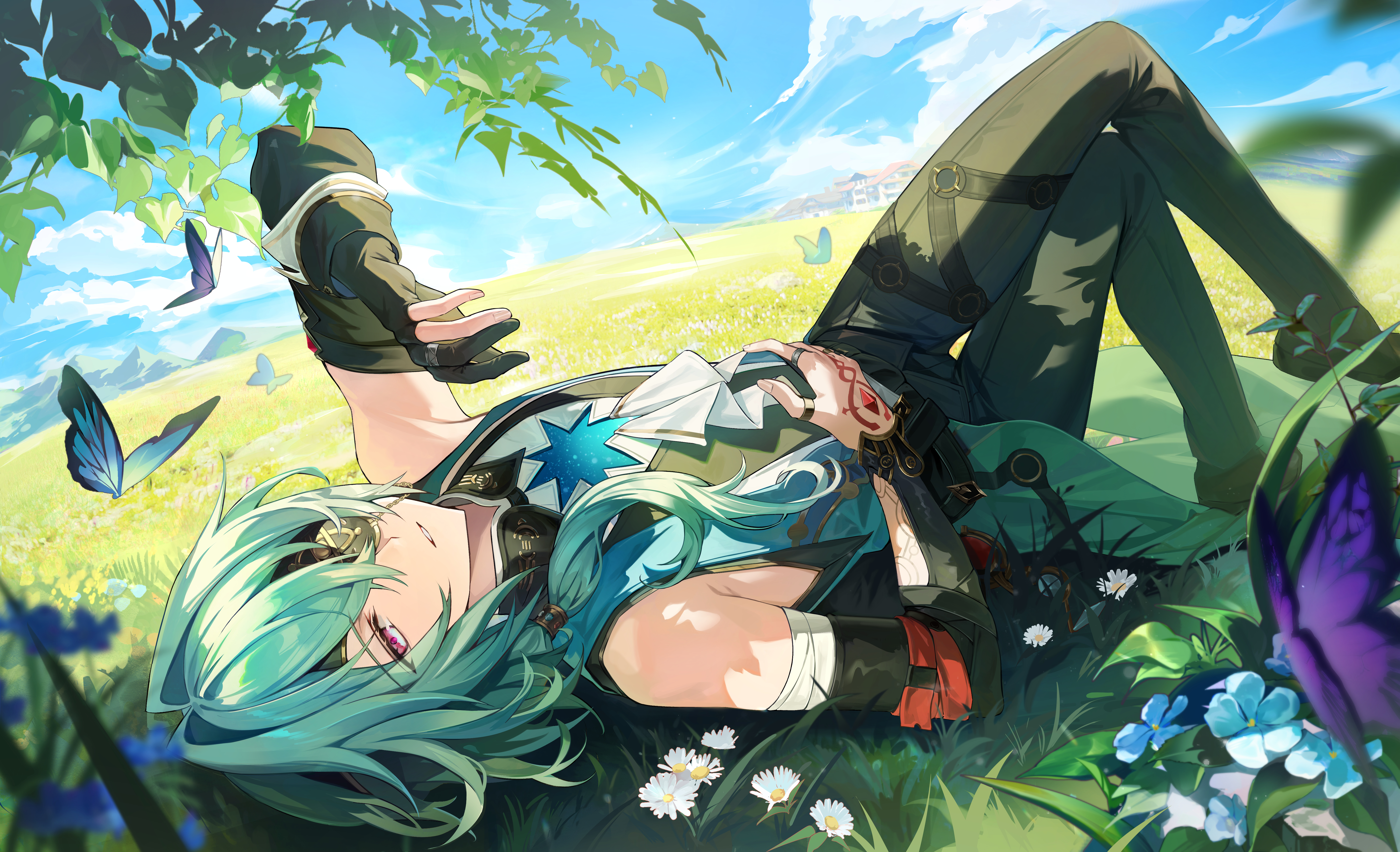 anaxa (honkai: star rail), honkai: star rail, honkai (series), absurdres, highres, 1boy, aqua hair, bare shoulders, black gloves, black pants, blue sky, chain, cloud, cloudy sky, crossed legs, eyepatch, gem, gloves, hair between eyes, hair intakes, half-closed eyes, looking at viewer, lucky mimi12, lying, male focus, mandarin collar, medium hair, on back, one eye covered, outdoors, pants, parted lips, partially fingerless gloves, pink eyes, red gemstone, red tattoo, shirt, side ponytail, sky, solo, teeth, white shirt