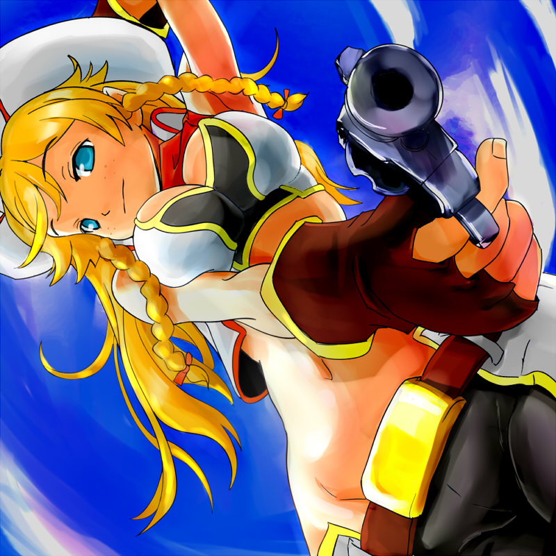 anshinmama, sum, remuria, shinrabanshou, 1girl, armpits, blonde hair, blue eyes, braid, cowboy western, female focus, freckles, gun, hat, long hair, midriff, neckerchief, solo, twin braids, weapon