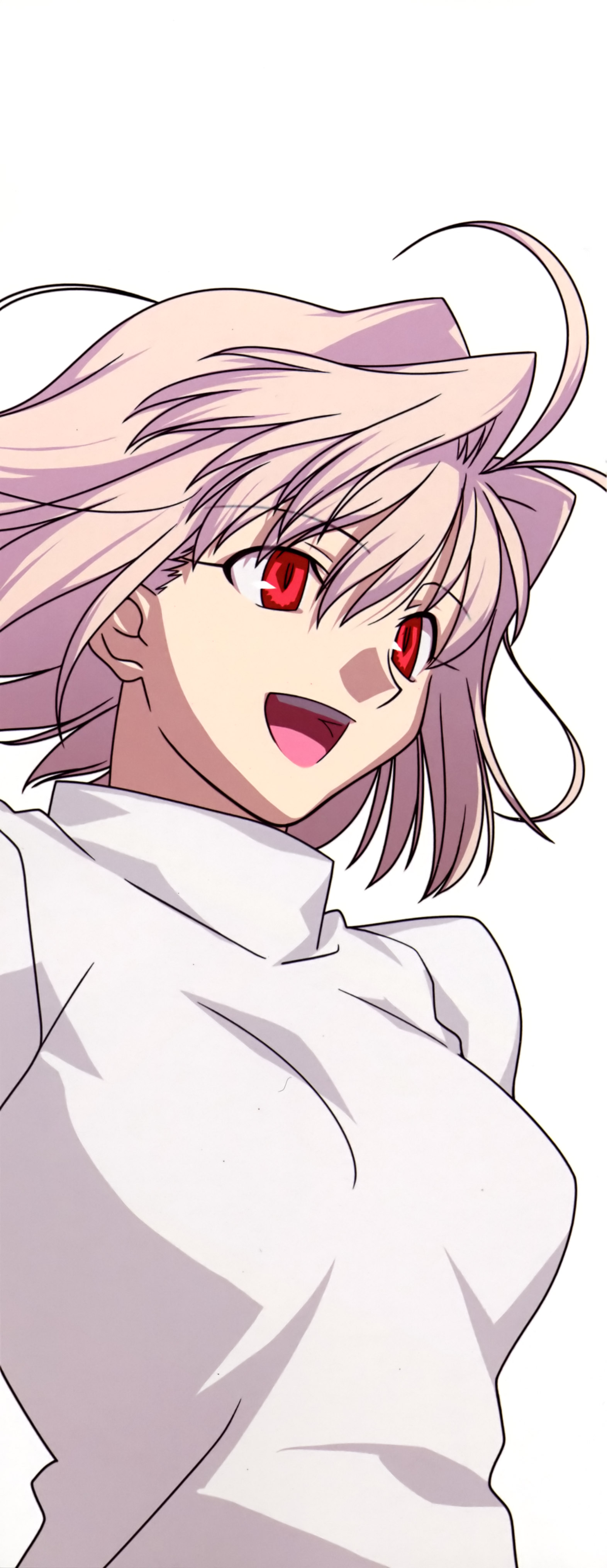 takeuchi takashi, arcueid brunestud, tsukihime, type-moon, absurdres, highres, long image, scan, tall image, 00s, 1girl, blonde hair, female focus, red eyes, short hair, solo, stick poster, sweater, turtleneck