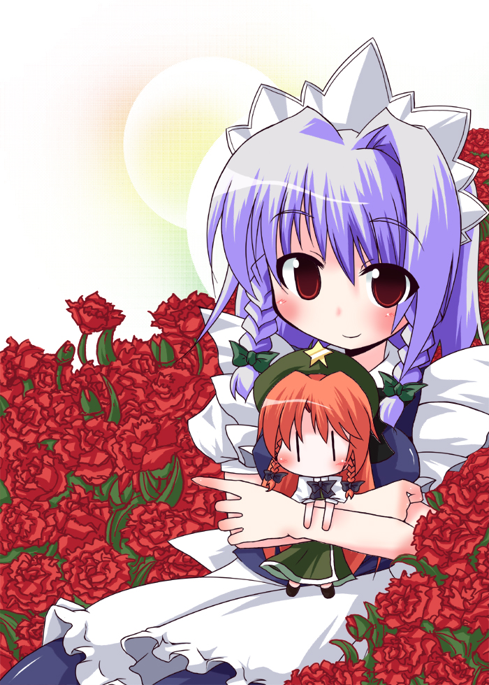 kuraryu, hong meiling, izayoi sakuya, embodiment of scarlet devil, touhou, silver hair, bad id, bad pixiv id, 1girl, blush, breasts, character doll, chibi, doll, female focus, flower, gradient background, hairband, hug, maid, plant, red eyes, ribbon, rose, skirt, solo, white background, | |