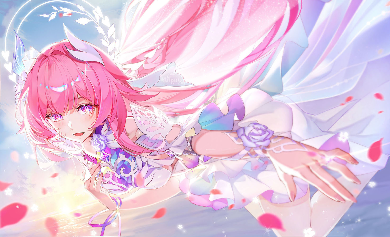 mihan (mihan art), cyrene (honkai: star rail), cyrene (ripples of past reverie) (honkai: star rail), honkai: star rail, honkai (series), commentary, highres, symbol-only commentary, 1girl, breasts, diamond-shaped pupils, diamond (shape), dress, falling petals, flower, hair flower, hair ornament, halo, large breasts, long hair, midair, ocean, outdoors, petals, pink hair, purple eyes, smile, solo, sunset, symbol-shaped pupils, very long hair, white dress