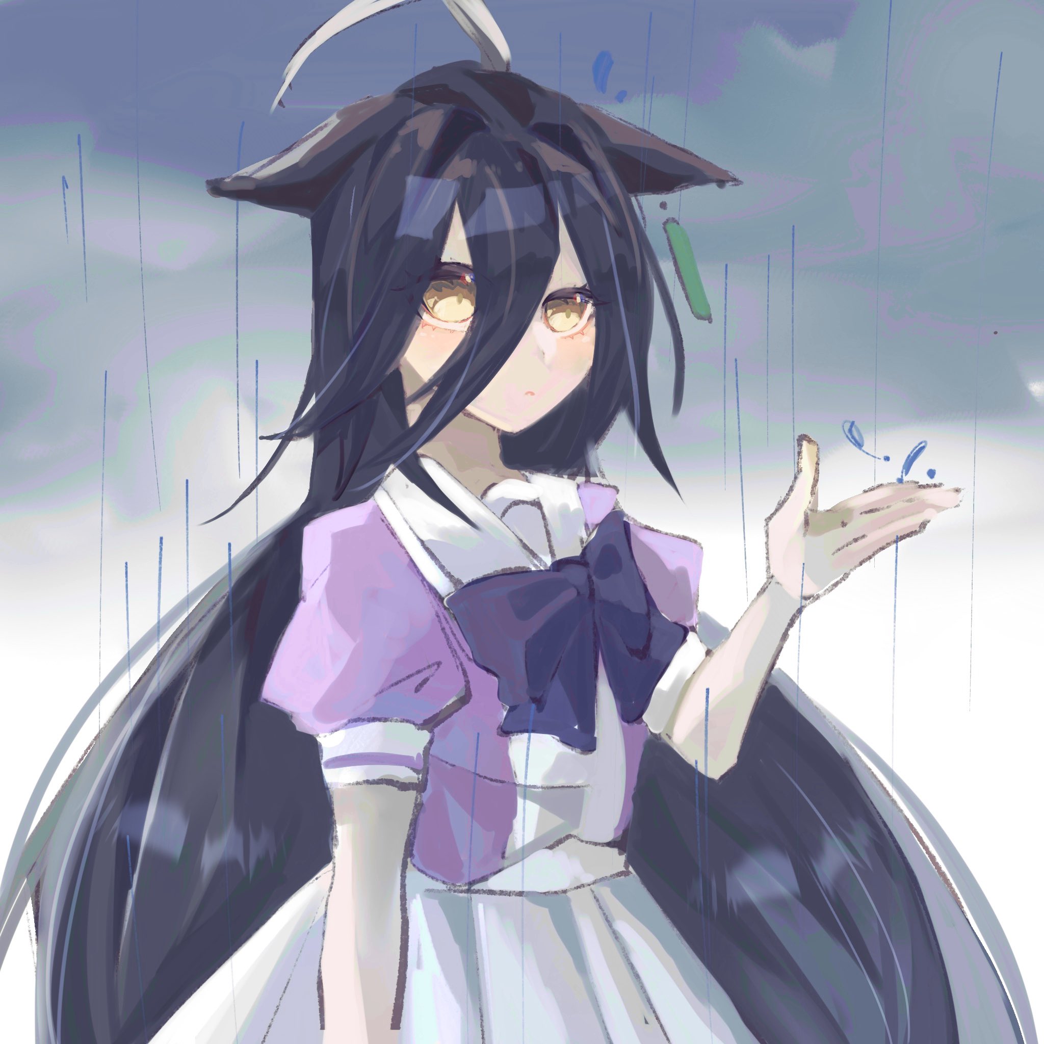 manhattan cafe (umamusume), umamusume, highres, 1girl, ahoge, animal ears, black hair, bow, bowtie, closed mouth, cloud, cloudy sky, ear tag, earrings, hair between eyes, horse ears, horse girl, jewelry, long bangs, long hair, long hair between eyes, multicolored hair, outdoors, puffy short sleeves, puffy sleeves, purple bow, purple bowtie, purple shirt, rain, sailor collar, sailor shirt, school uniform, shipapome, shirt, short sleeves, single earring, skirt, sky, solo, tracen school uniform, very long hair, white hair, white sailor collar, white skirt, yellow eyes