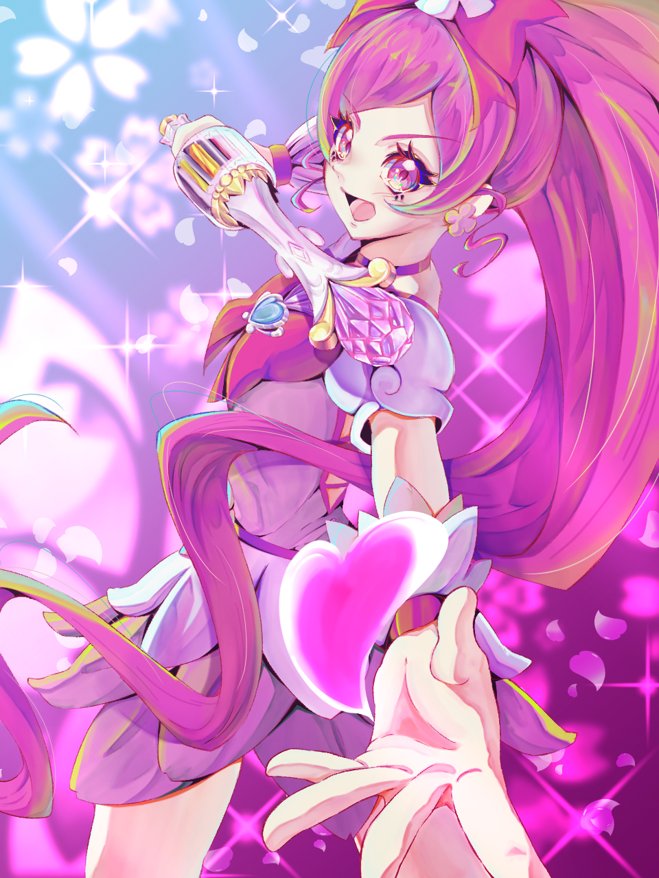 haruto (1214 haruto), cure blossom, hanasaki tsubomi, heartcatch precure!, precure, highres, 1girl, blush, boots, bottle, bow, cherry blossoms, chest bow, choker, dress, earrings, flower earrings, foot out of frame, frilled cuffs, frills, hair bow, hair ornament, high ponytail, jewelry, long hair, looking at viewer, magical girl, multicolored boots, multicolored dress, official style, open hands, open mouth, outstretched arms, parted bangs, perfume bottle, petals, pink boots, pink bow, pink choker, pink dress, pink eyes, pink petals, pink theme, pink wrist cuffs, ponytail, pouch, puffy short sleeves, puffy sleeves, short dress, short sleeves, simple background, smile, solo, spread fingers, two-tone boots, two-tone dress, umakoshi yoshihiko (style), very long hair, white background, white boots, white dress, wrist cuffs