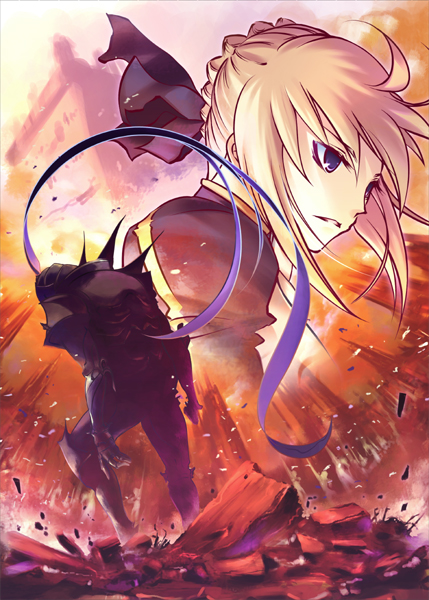 gari (pixiv), artoria pendragon (fate), berserker (fate/zero), saber (fate), fate/stay night, fate/zero, fate (series), 00s, ahoge, armor, blonde hair, blue eyes, ribbon