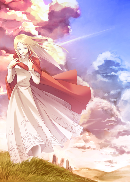 gari (pixiv), ovelia atkascha, final fantasy, final fantasy tactics, light, 1girl, blonde hair, blue eyes, cape, cloud, dress, female focus, long hair, nature, outdoors, sky, solo, valley, wind