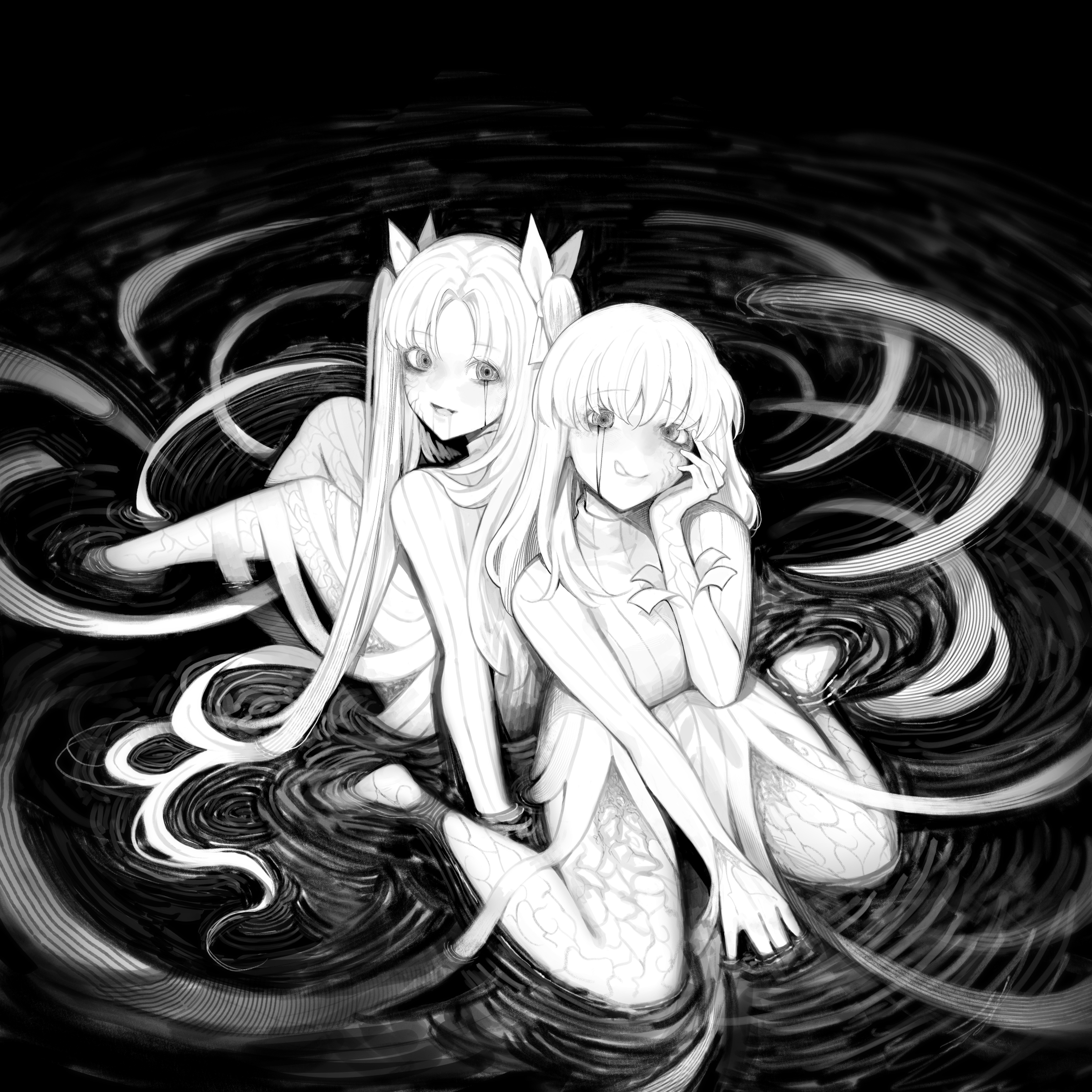 vialle, dark sakura, matou sakura, tohsaka rin, fate/stay night, fate (series), absurdres, highres, 2girls, black dress, corruption, dark persona, dress, greyscale, licking lips, long hair, looking at viewer, monochrome, multiple girls, open mouth, siblings, sisters, smile, tongue, tongue out, veins, very long hair