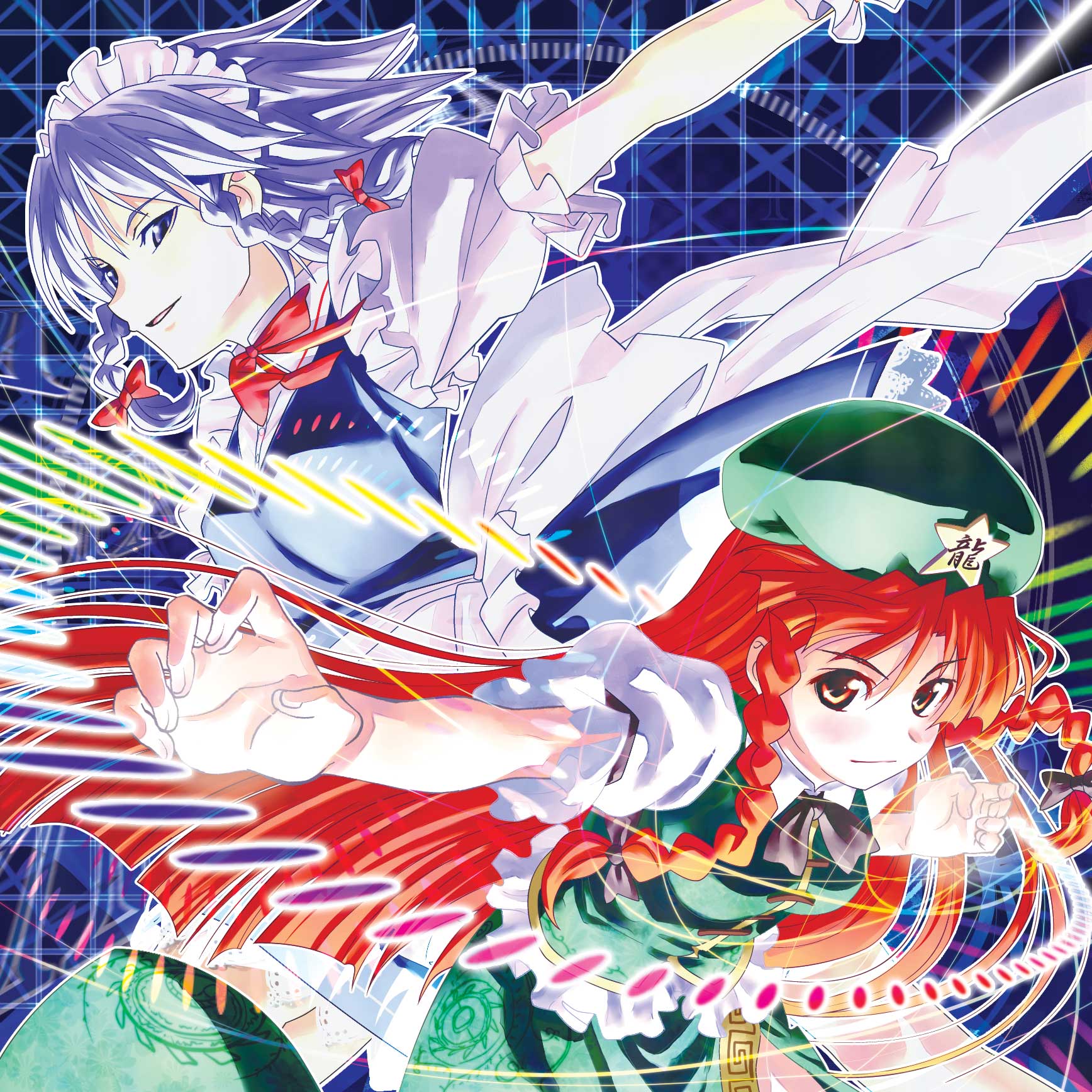 sakino shingetsu, hong meiling, izayoi sakuya, embodiment of scarlet devil, touhou, silver hair, commentary request, highres, 2girls, blue eyes, braid, breasts, female focus, hair ribbon, hat, long hair, maid, multiple girls, red eyes, red hair, ribbon, short hair, twin braids