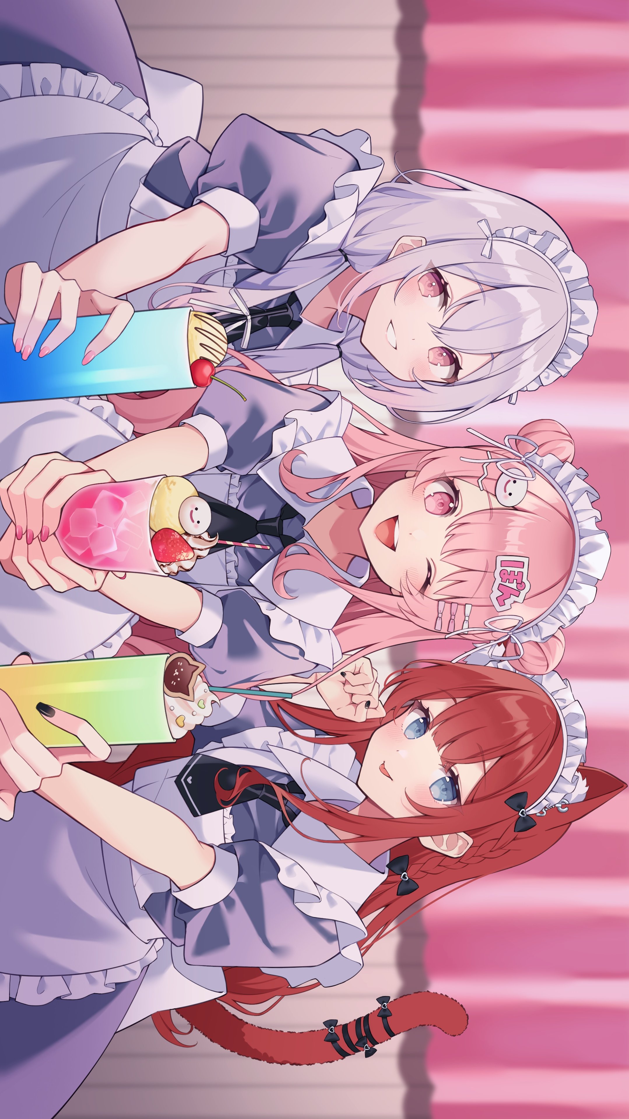 amai melo, original, absurdres, commentary request, commission, highres, 3girls, ;d, animal-themed food, animal ears, animal print, apron, black bow, black nails, black necktie, bow, braid, cat ears, cat girl, cat print, cat tail, cherry, collar, contrast collar, cup, double bun, dress, drinking straw, flat chest, food, frilled apron, frills, fruit, glass, grey dress, grey eyes, hair between eyes, hair bow, hair bun, hair ornament, hair ribbon, hairclip, heart, heart-shaped food, holding, holding cup, ice, ice cream, indoors, light blush, long hair, looking at viewer, maid headdress, multiple girls, necktie, one eye closed, open mouth, outstretched arm, outstretched arms, paw pose, pink eyes, pink hair, puffy short sleeves, puffy sleeves, red hair, ribbon, short necktie, short sleeves, sideways, smile, strawberry, tail, tail bow, tail ornament, teeth, tongue, tongue out, upper body, upper teeth only, waitress, white collar, white hair, white ribbon