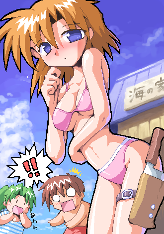 kurogarasu, maebara keiichi, ryuuguu rena, sonozaki mion, higurashi no naku koro ni, lowres, 00s, 1boy, 2girls, bikini, billhook, blue eyes, blush, breasts, chibi, cleavage, day, hashitsuki nata, hatchet, medium breasts, multiple girls, nata (tool), oekaki, orange hair, short hair, swimsuit