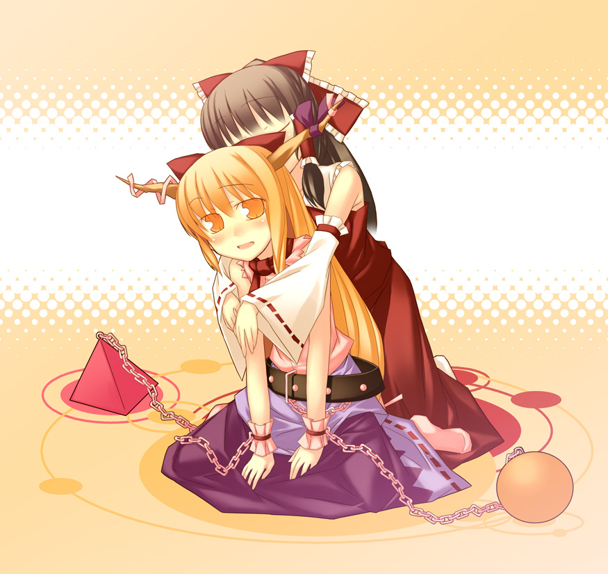 nu (plastic eraser), hakurei reimu, ibuki suika, touhou, 2girls, female focus, hug, kneeling, multiple girls, socks