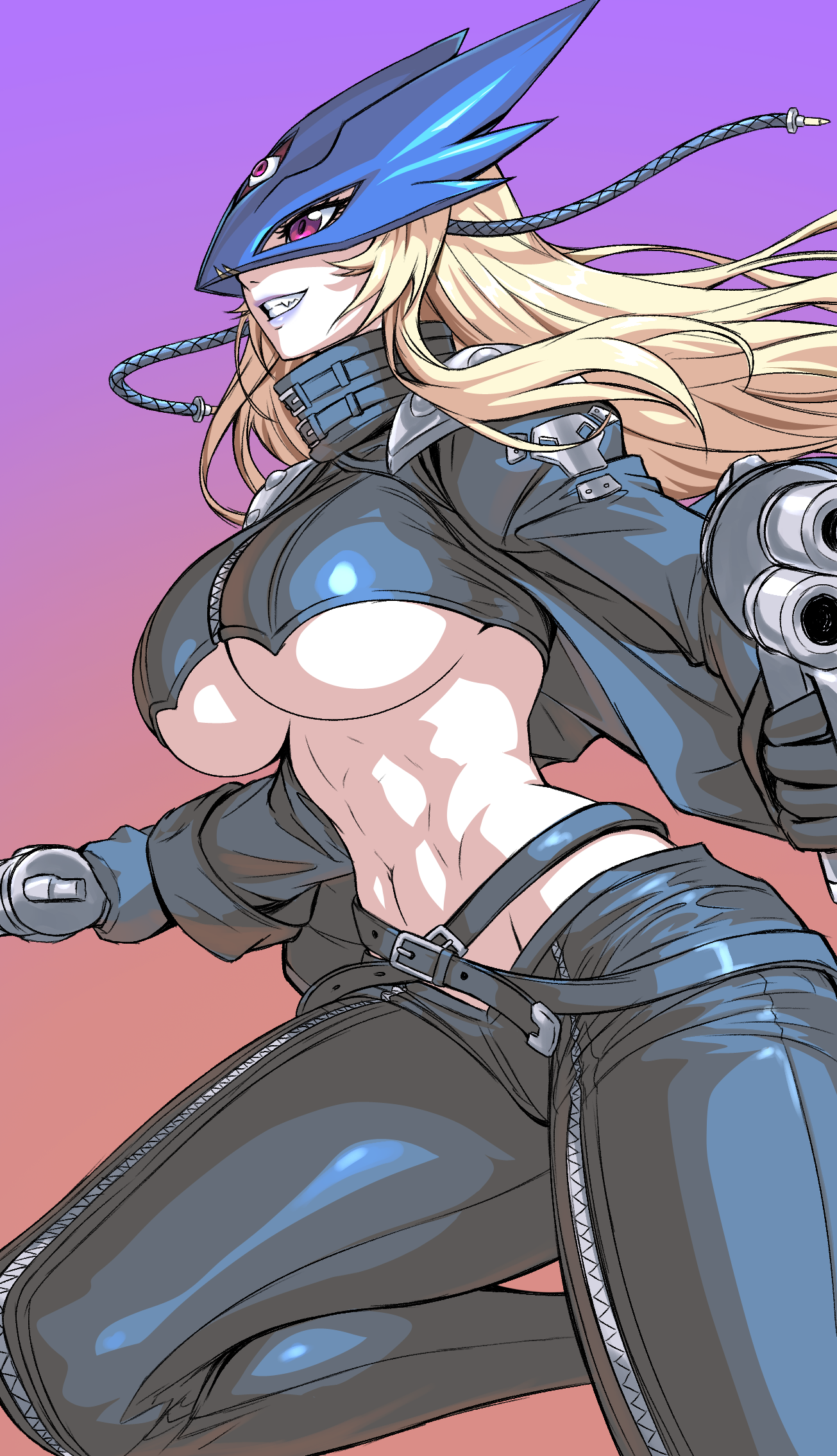 zantyarz, beelstarmon, digimon, commentary, english commentary, highres, 1girl, belt, black belt, black coat, black gloves, black mask, black pants, black vest, blonde hair, breasts, coat, cropped vest, digimon (creature), dual wielding, eye mask, fang, gloves, gradient background, grin, groin, gun, holding, holding gun, holding weapon, large breasts, leather, leather pants, long hair, mask, multiple-barrel gun, navel, open clothes, open coat, pants, purple eyes, sidelocks, simple background, smile, solo, standing, standing on one leg, stomach, teeth, third eye, tight clothes, tight pants, underboob, vest, weapon, zipper