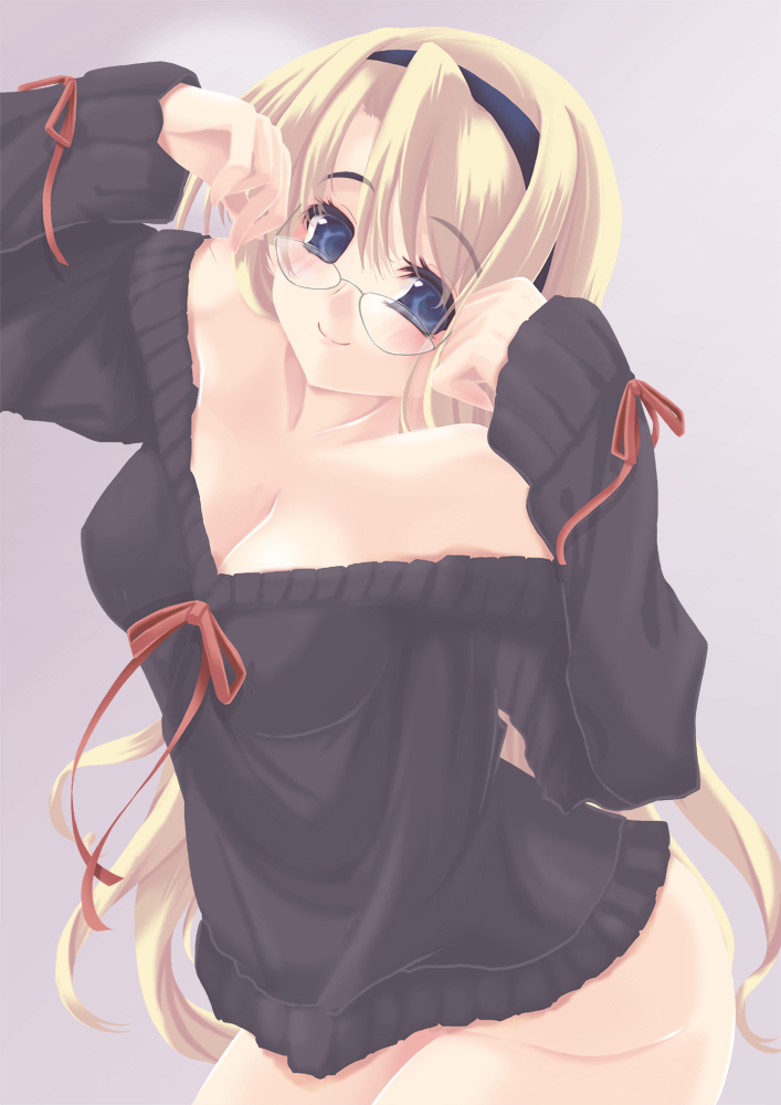 frapowa, carim gracia, lyrical nanoha, mahou shoujo lyrical nanoha, mahou shoujo lyrical nanoha strikers, 00s, 1girl, breasts, cleavage, female focus, glasses, large breasts, smile, solo, sweater
