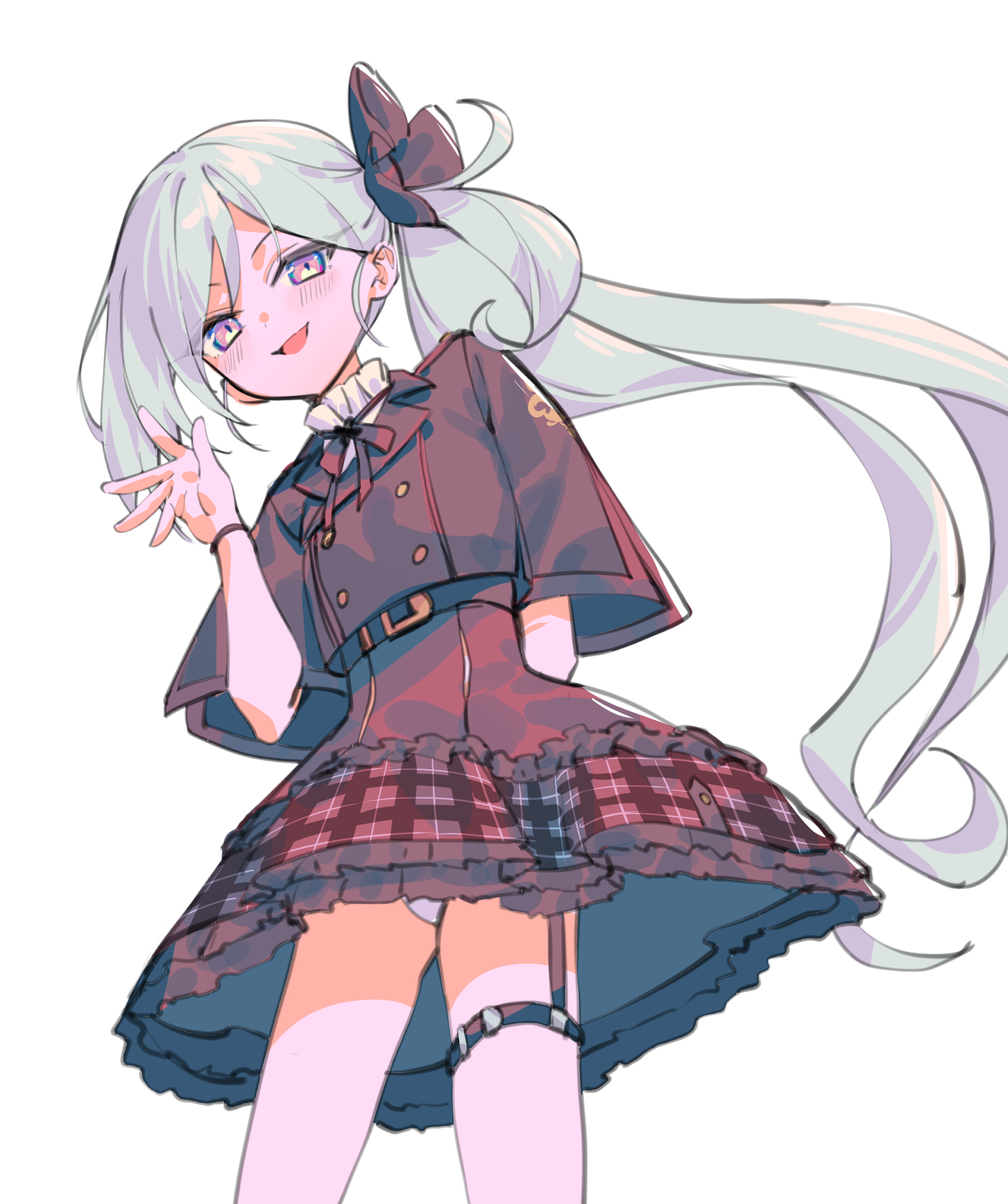 yu1 na12, mutsuki (blue archive), blue archive, absurdres, highres, 1girl, arm behind back, blush, grey hair, hair ornament, long hair, looking at viewer, open mouth, panties, pantyshot, plaid clothes, plaid skirt, purple eyes, side ponytail, simple background, skirt, solo, thigh strap, underwear, very long hair, white background, white panties