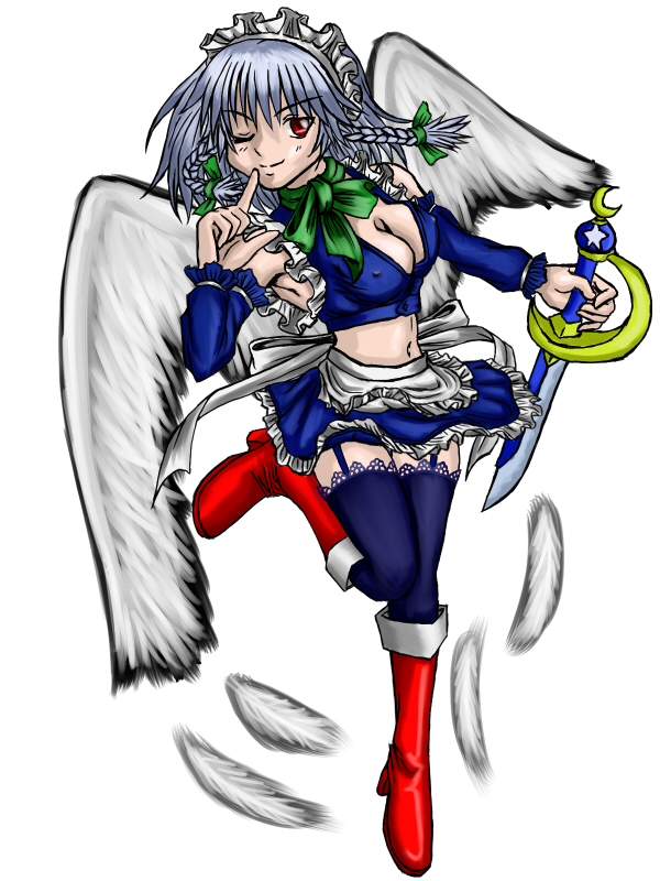 satoyan, izayoi sakuya, touhou, lace-trimmed legwear, 1girl, armpits, artistic error, braid, breasts, cleavage, covered erect nipples, detached sleeves, feathers, female focus, garter straps, lace, lace trim, large breasts, magical girl, maid, midriff, navel, one eye closed, red eyes, skirt, solo, thighhighs, twin braids, white background, wings, wink