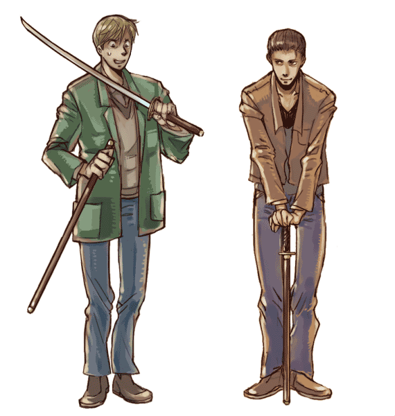 harry mason, james sunderland, silent hill, silent hill (series), silent hill 2, 2boys, blonde hair, brown hair, crossover, katana, male focus, multiple boys, nervous smile, smile, sword, weapon