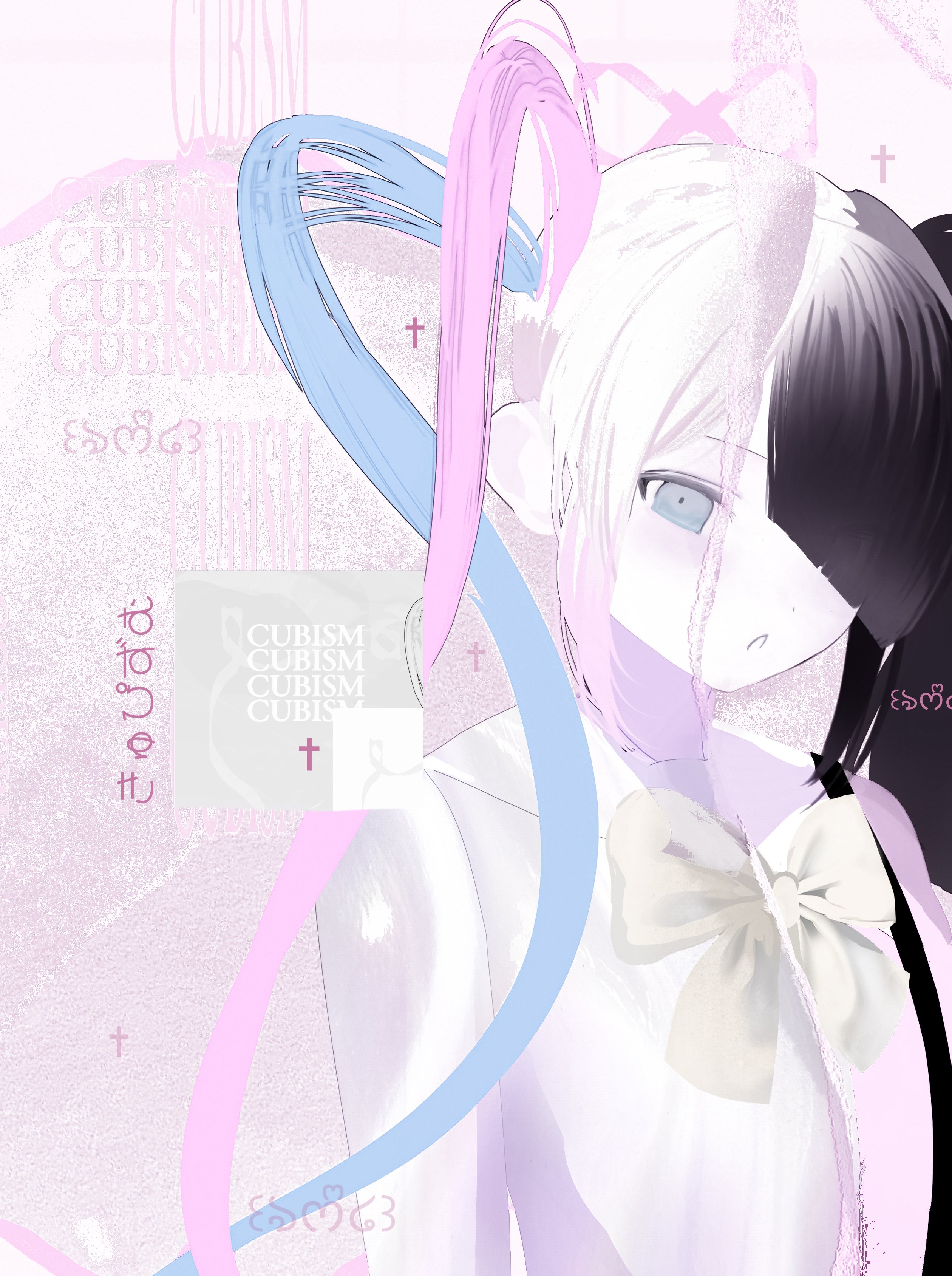 ame-chan (needy girl overdose), chouzetsusaikawa tenshi-chan, needy girl overdose, absurdres, highres, translation request, 1girl, :o, black hair, blonde hair, blue eyes, blue hair, chest bow, cubism (needy girl overdose), diagonal bangs, dual persona, hair over one eye, looking at viewer, multicolored hair, paper texture, pink hair, pink sailor collar, sailor collar, sidelocks, torn paper, tri tails, two-tone hair, upper body, x yo 1