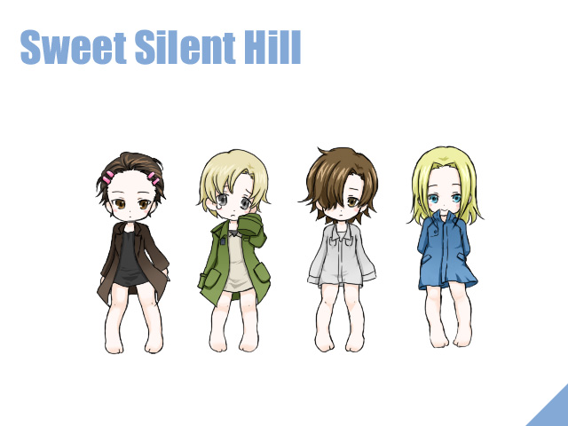 azu vio, harry mason, henry townshend, james sunderland, walter sullivan, silent hill, silent hill (series), silent hill 2, silent hill 4: the room, sweet snake, sweetsnake, gender request, 4girls, barefoot, blonde hair, brown hair, chibi, child, genderswap, multiple girls, no pants, parody