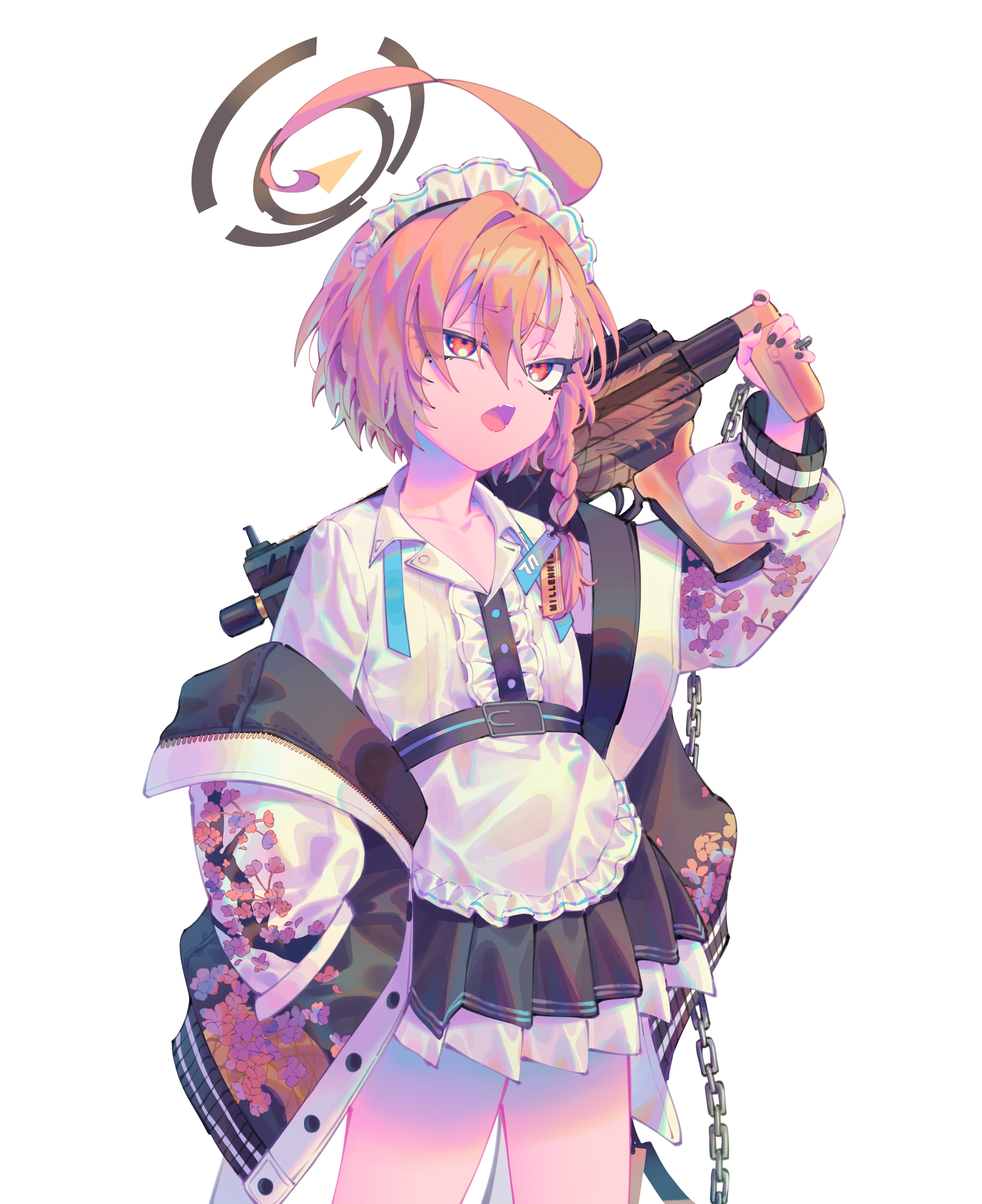 yu1 na12, neru (blue archive), blue archive, absurdres, highres, 1girl, ahoge, apron, braid, chain, gun, hair between eyes, halo, hand in pocket, holding, holding gun, holding weapon, huge ahoge, jacket, long sleeves, maid headdress, mole, mole under eye, off shoulder, open clothes, open jacket, open mouth, orange hair, over shoulder, pleated skirt, red eyes, shirt, short hair, side braid, simple background, skirt, solo, sukajan, waist apron, weapon, weapon over shoulder, white apron, white background