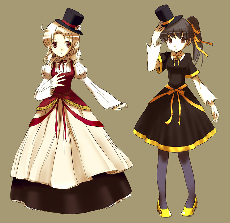 tomone, 2girls, dress, hat, hat tip, mini hat, mini top hat, multiple girls, pantyhose, personification, ponytail, tea, top hat