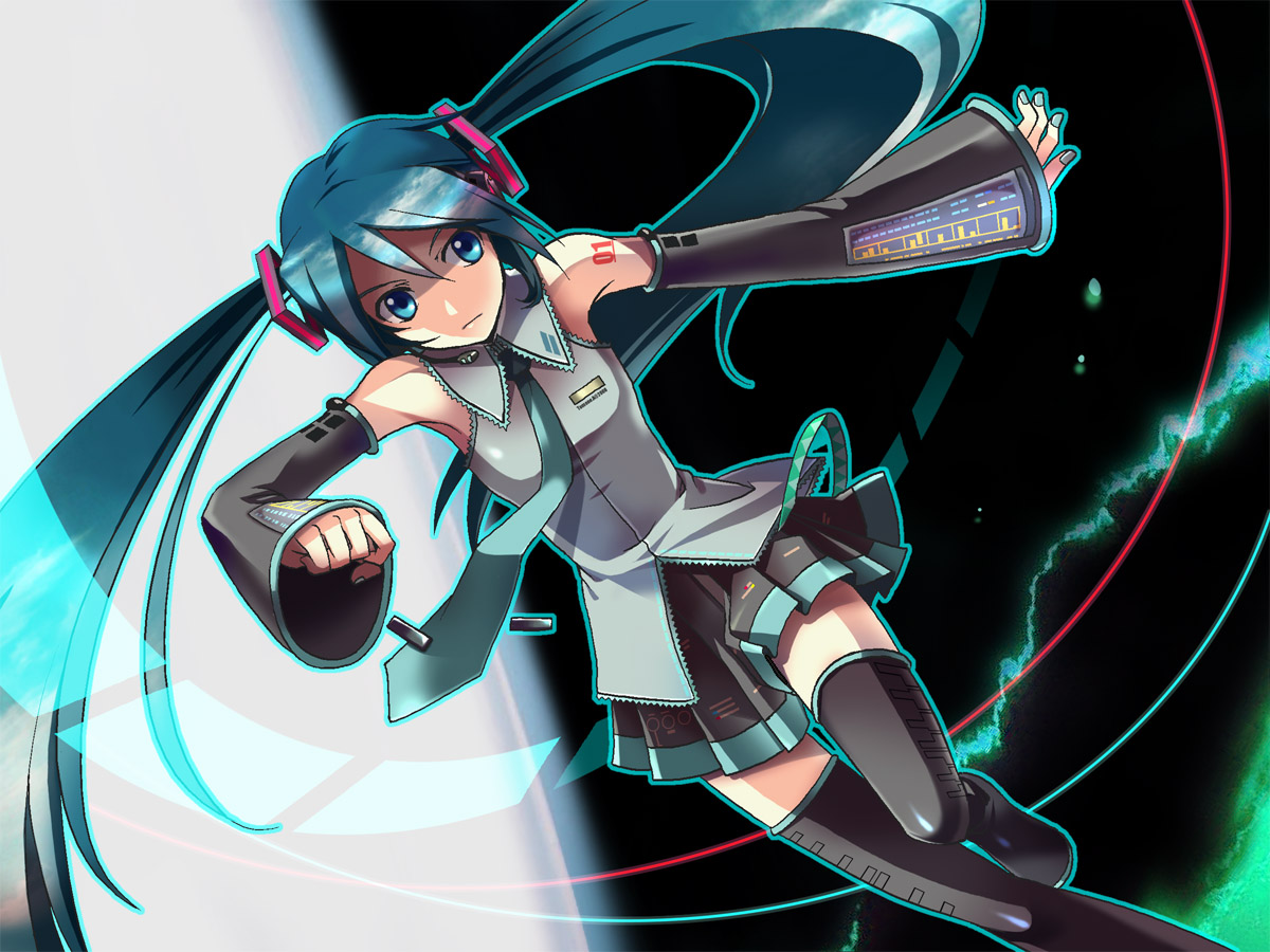 tomone, hatsune miku, vocaloid, aqua eyes, aqua hair, detached sleeves, headphones, long hair, microphone, necktie, running, solo, thighhighs, twintails, very long hair, zettai ryouiki