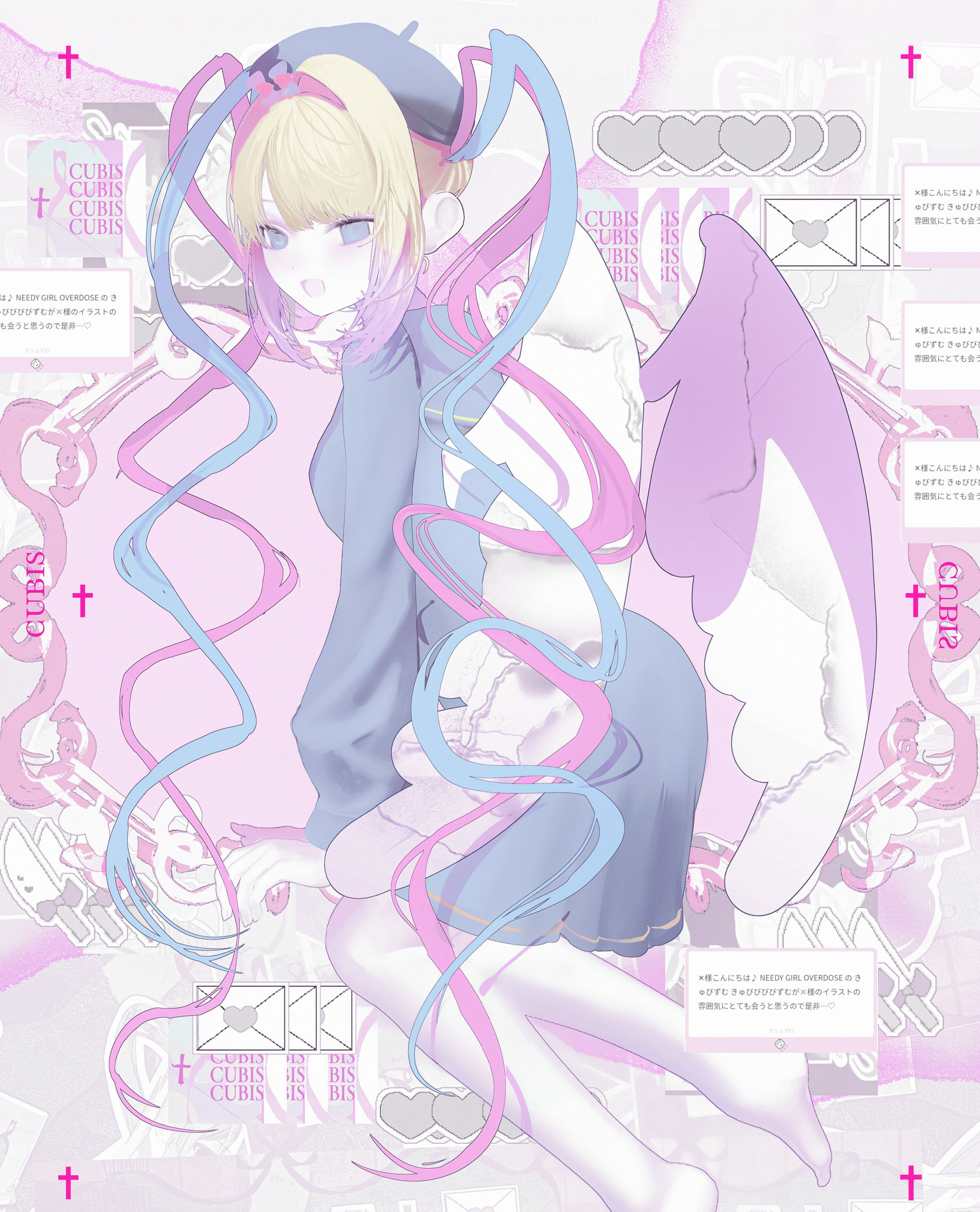 chouzetsusaikawa tenshi-chan, needy girl overdose, absurdres, highres, translation request, 1girl, :d, aegyo sal, blonde hair, blue eyes, blue hair, blue hat, blue serafuku, cubism (needy girl overdose), from behind, full body, hairband, hat, looking at viewer, looking back, open mouth, paper texture, pastel colors, pink hair, pink wings, quad tails, school uniform, seiza, serafuku, sitting, smile, socks, torn paper, two-tone wings, white socks, white wings, wings, x yo 1