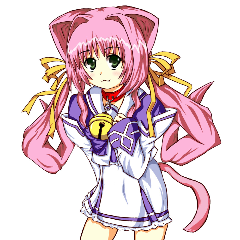 tomonekomata, tamase miki, muv-luv, arm behind back, bell, collar, fang, green eyes, neck bell, pink hair, ribbon, solo, tail, twintails