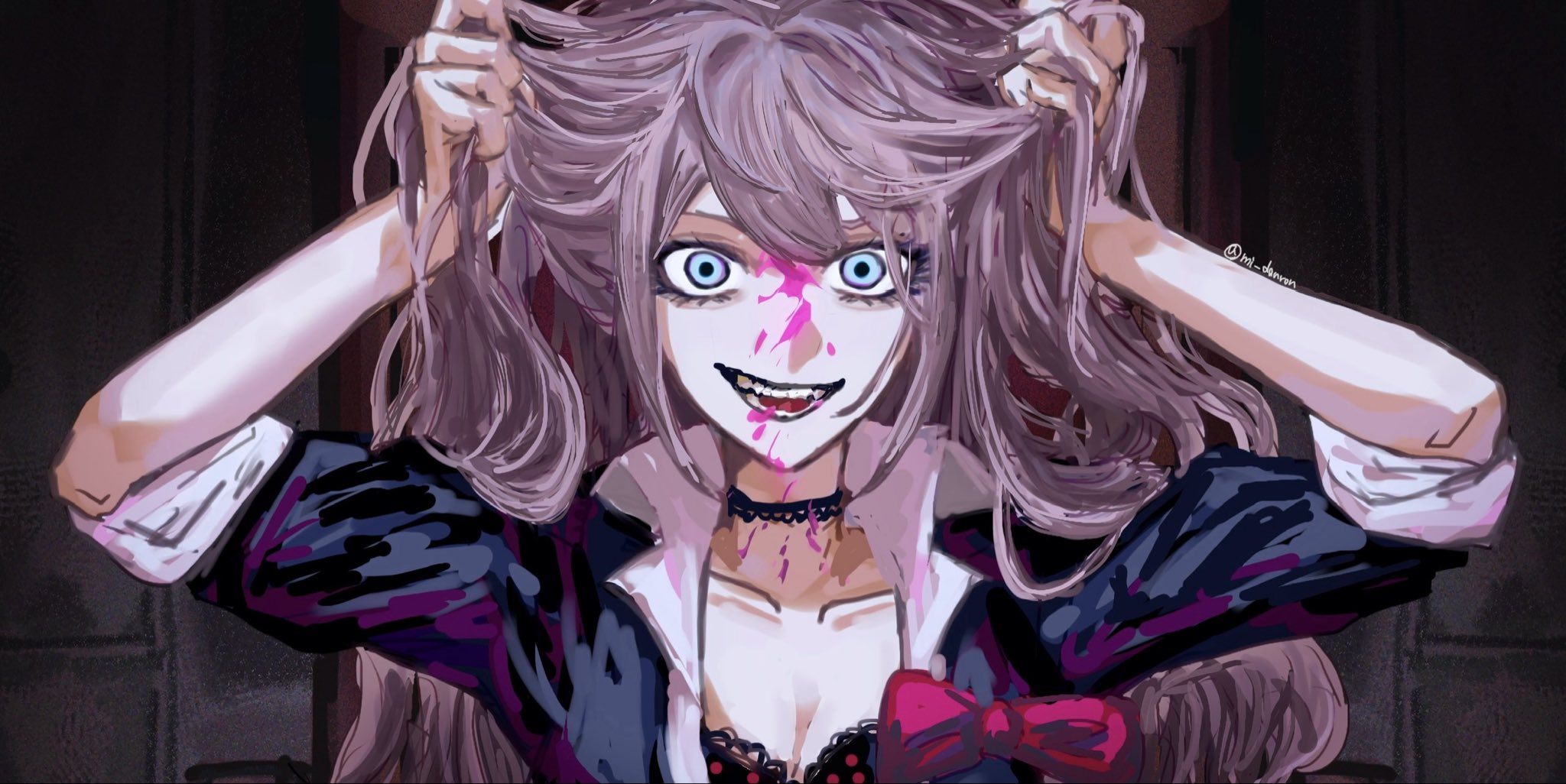mi mi mi (mi danron), enoshima junko, danganronpa: trigger happy havoc, danganronpa (series), highres, 1girl, :d, black choker, black shirt, blonde hair, blood, blood on face, blue eyes, bow, choker, collarbone, grabbing own hair, holding, holding own hair, long hair, open mouth, pink blood, red bow, shirt, short sleeves, smile, teeth