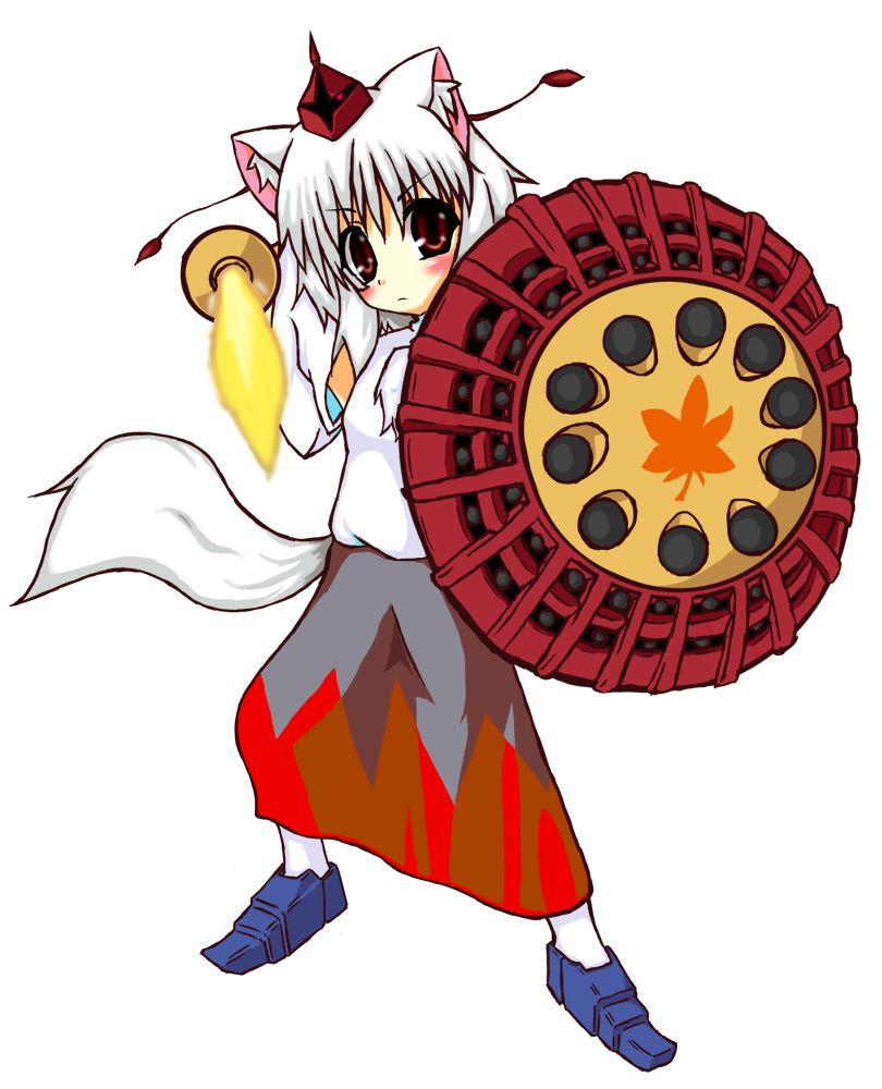 tomonekomata, gyan, inubashiri momiji, gundam, mobile suit gundam, touhou, 1girl, animal ears, energy sword, female focus, fighting stance, full body, hat, parody, red eyes, shield, short hair, simple background, solo, standing, sword, tail, tokin hat, weapon, white background, white hair, wolf ears, wolf tail