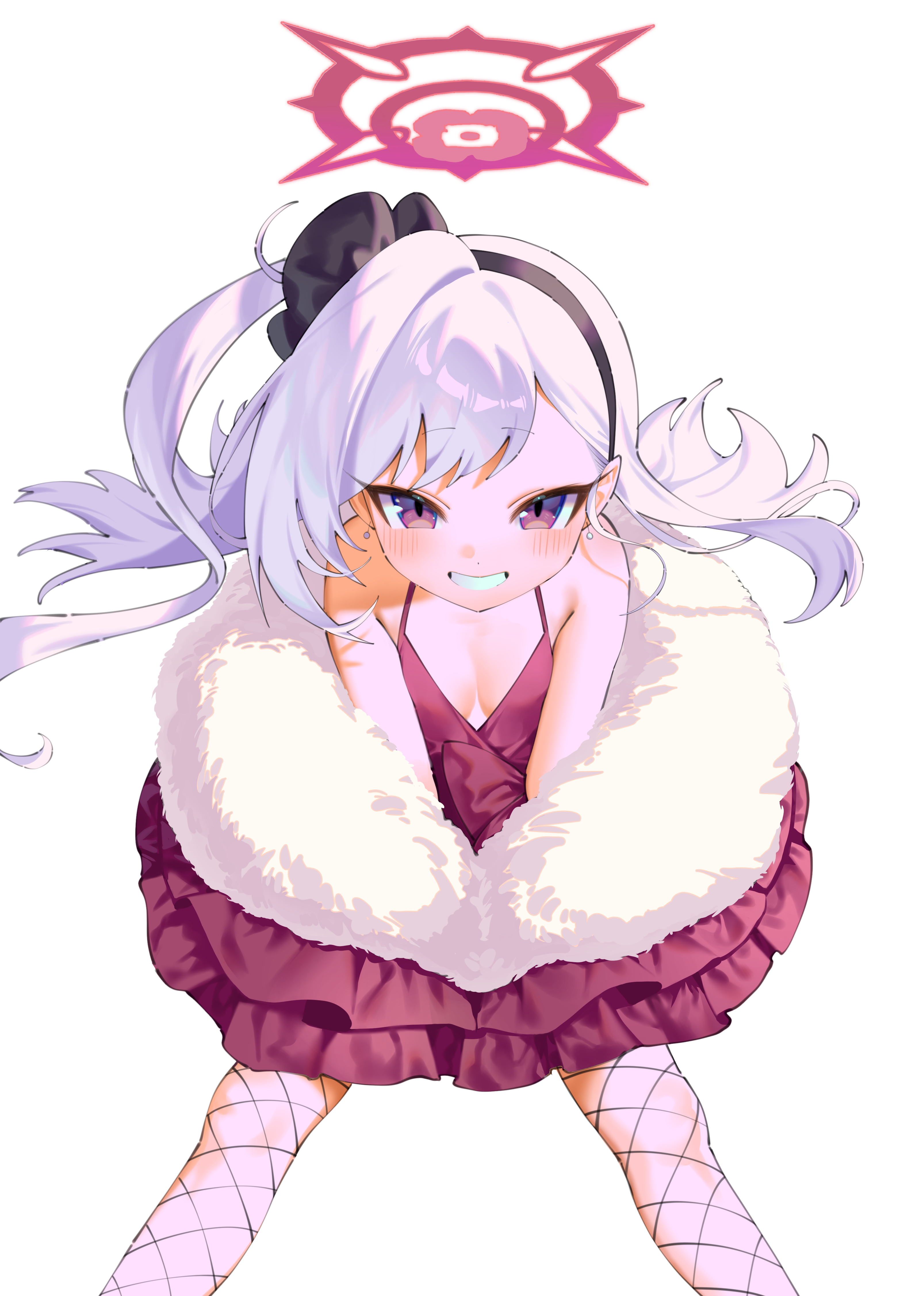 yu1 na12, mutsuki (blue archive), mutsuki (dress) (blue archive), blue archive, absurdres, highres, 1girl, between legs, black bow, black hairband, blush, bow, breasts, cleavage, dress, earrings, feet out of frame, fishnet leggings, fishnets, fur-trimmed dress, fur trim, gradient eyes, hair bow, hairband, halo, hand between legs, jewelry, leaning forward, legs apart, long hair, looking at viewer, mesugaki, multicolored eyes, one side up, open mouth, purple eyes, purple hair, red dress, red eyes, red halo, sleeveless, sleeveless dress, small breasts, smile, solo, spaghetti strap, standing, teeth