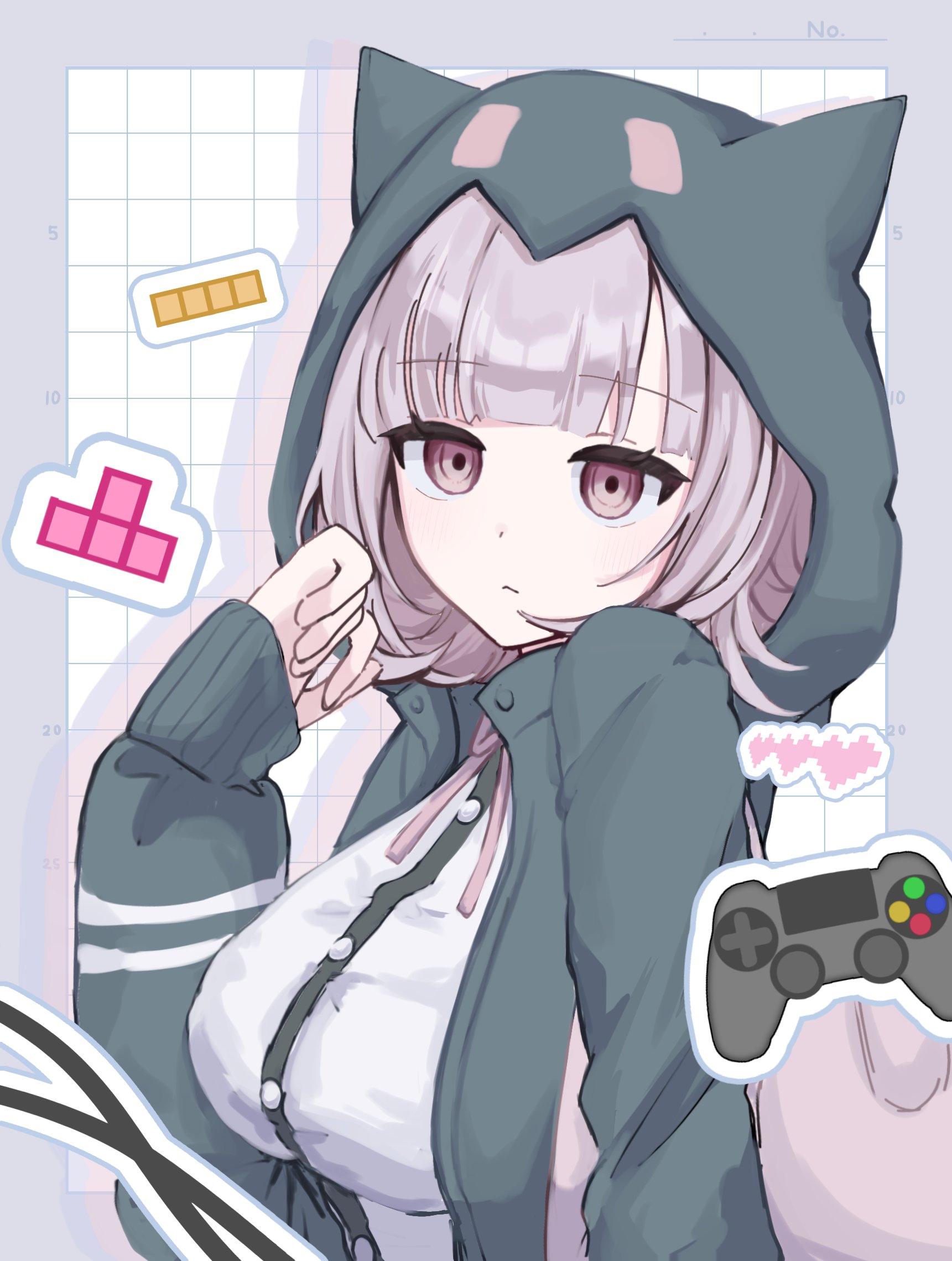 nanami chiaki, danganronpa (series), danganronpa 2: goodbye despair, tetris, highres, 1girl, black shirt, breasts, brown hair, controller, dress shirt, flipped hair, game controller, hair ornament, hand up, hood, hood up, jacket, large breasts, long sleeves, looking at viewer, medium hair, neck ribbon, open clothes, open jacket, pink eyes, pink ribbon, ribbon, shirt, solo, white shirt, yura 02551