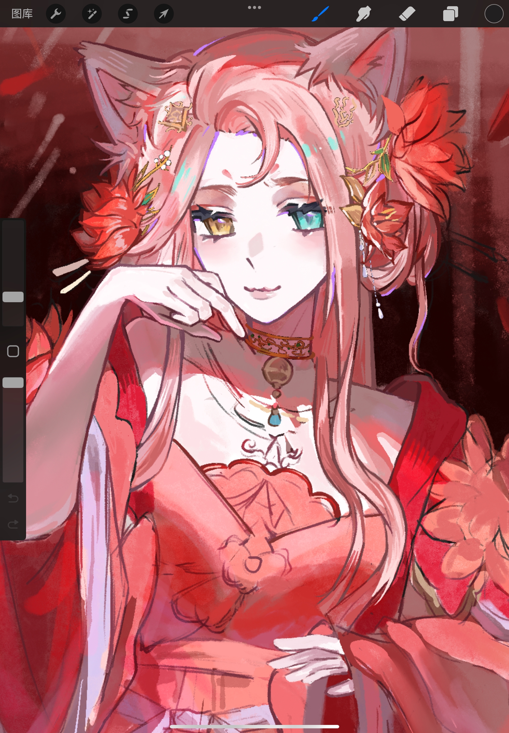 infinity nikki, nikki (series), highres, procreate (medium), 1girl, animal ear fluff, animal ears, art program in frame, bell, blue eyes, breasts, chinese clothes, chinese hairpin, choker, closed mouth, double bun, eyelashes, floral print, flower, forever bond (infinity nikki), fox ears, fox girl, gold choker, hair bun, hair flower, hair ornament, hairclip, hand on own hip, hanfu, happy, heterochromia, laurel crown, light blush, lips, long hair, long sidelocks, long sleeves, lotus, neck bell, petals, pink lips, print robe, procreate (software), red background, red flower, red hanfu, red robe, robe, shuimu xingshui, sidelocks, sleeves past wrists, slit pupils, smile, solo, thick eyebrows, upper body, very long hair, wavy hair, wide sleeves, yellow eyes