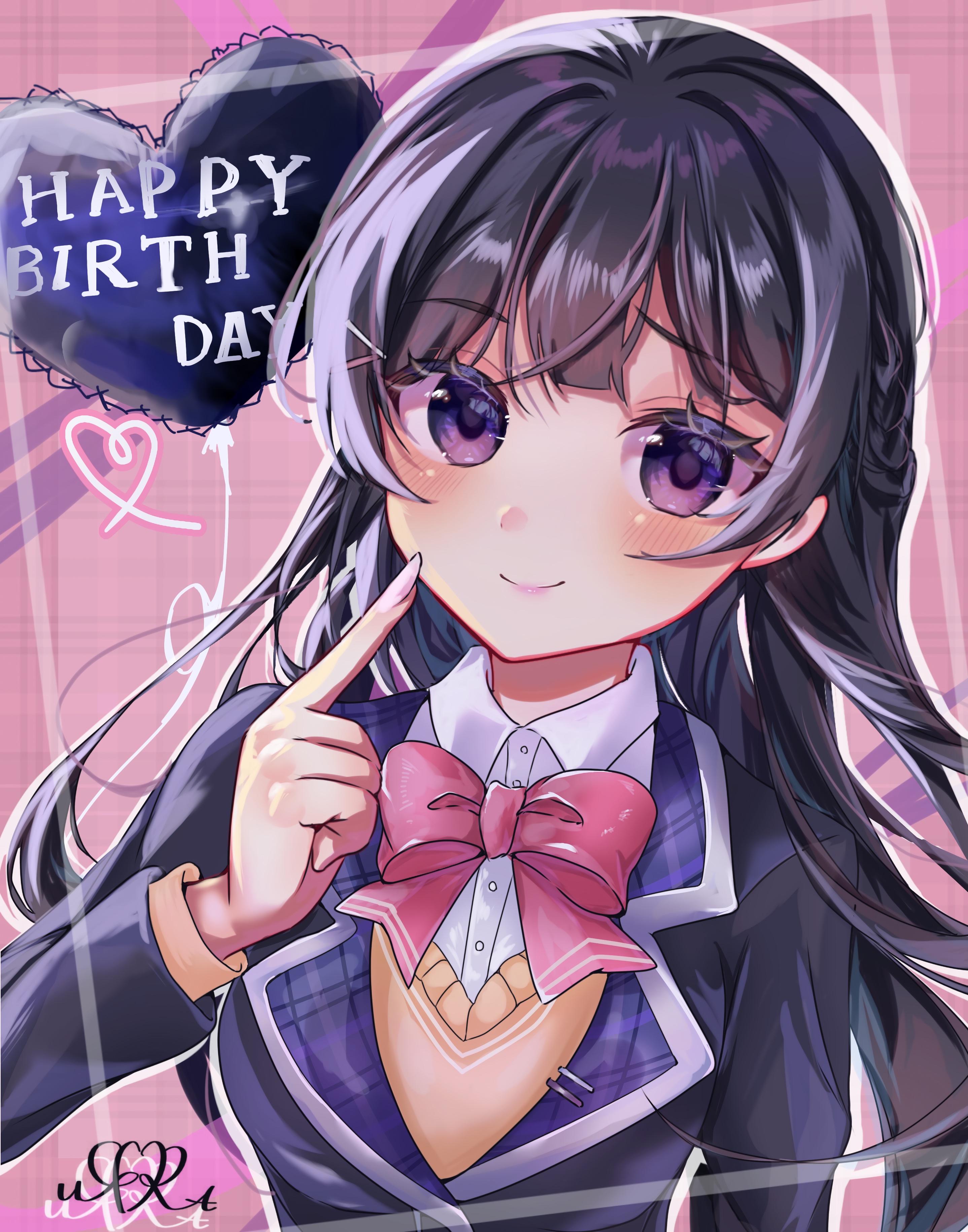 tsukino mito, tsukino mito (1st costume), nijisanji, absurdres, commentary request, highres, 1girl, balloon, black hair, black jacket, blush, bow, bowtie, breasts, closed mouth, collared shirt, crossed bangs, fingernails, hand up, happy birthday, heart, heart balloon, index finger raised, jacket, long hair, long sleeves, looking at viewer, medium breasts, pink background, pink bow, pink bowtie, purple eyes, rina xx203, shirt, smile, solo, sweater, upper body, virtual youtuber, white shirt, yellow sweater