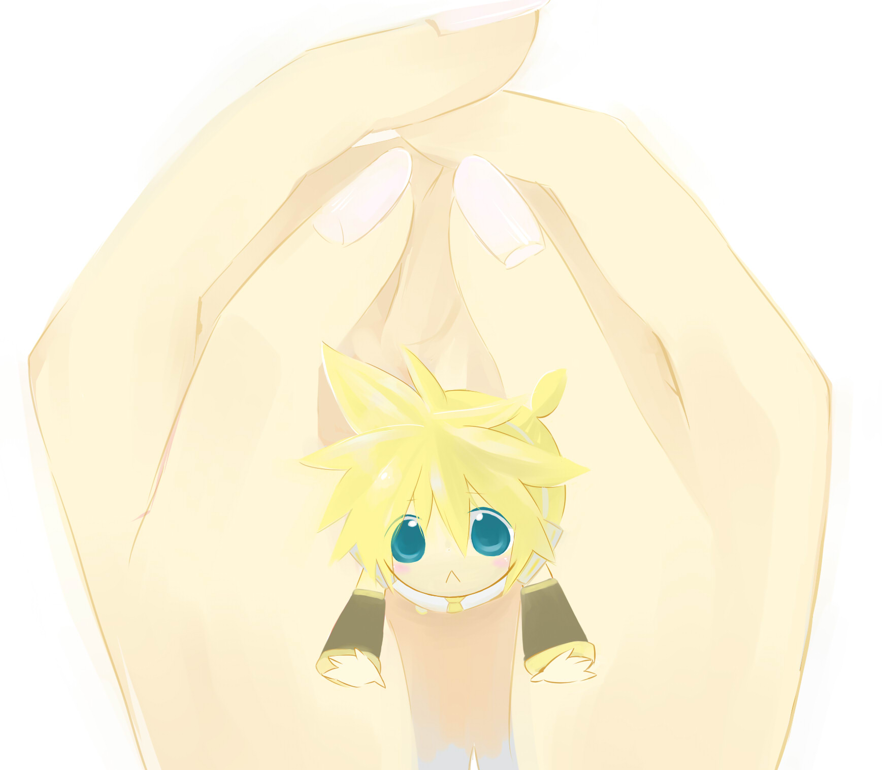 akisame kou, kagamine len, vocaloid, bad id, bad pixiv id, highres, 1boy, :<, blonde hair, blue eyes, chibi, detached sleeves, male focus, mini person, miniboy, solo, white background