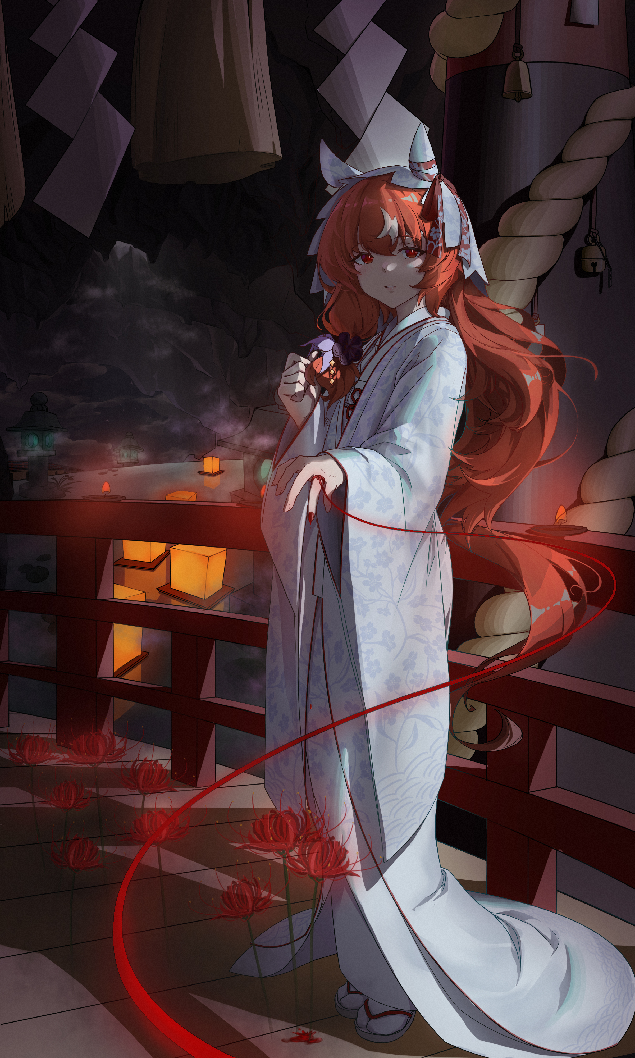 oscnordin, still in love (umamusume), umamusume, absurdres, highres, 1girl, animal ears, bow, breasts, bridge, brown hair, ear covers, ear ribbon, flower, hair between eyes, hair ornament, horse ears, horse girl, horse tail, japanese clothes, kimono, lantern, long hair, long sleeves, looking at viewer, multicolored hair, night, outdoors, paper lantern, parted lips, red eyes, sandals, smile, socks, solo, spider lily, streaked hair, string, string of fate, tail, veil, very long hair, water, white hair, white kimono, white socks, white veil, wide sleeves