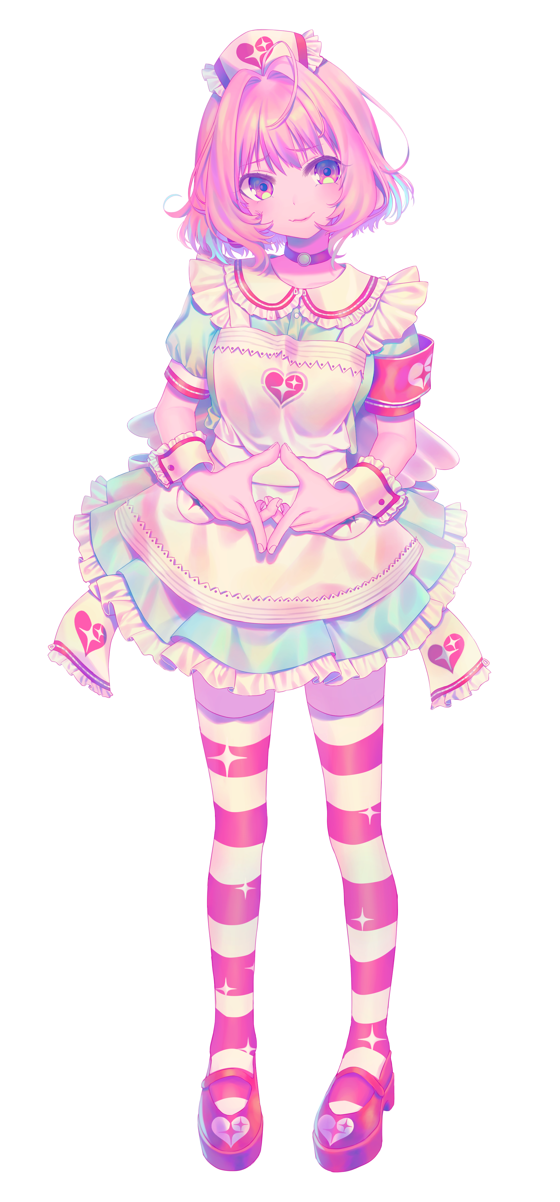 yu1 na12, yumemi riamu, idolmaster, idolmaster cinderella girls, absurdres, highres, 1girl, armband, choker, dress, frilled dress, frills, full body, light smile, looking at viewer, mary janes, nurse, own hands together, pink eyes, pink hair, shoes, short hair, simple background, solo, striped clothes, striped thighhighs, thighhighs, white background