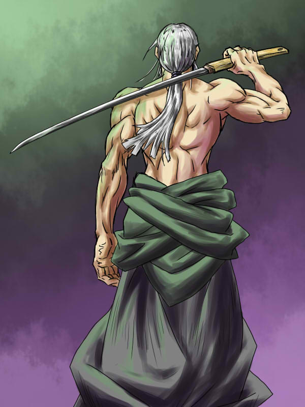 aogumo (ghost-8492), koppa (pixiv), konpaku youki, touhou, silver hair, bad id, bad pixiv id, 1boy, back, bare back, male focus, manly, muscular, ponytail, purple background, shirasaya, solo, sword, topless male, weapon