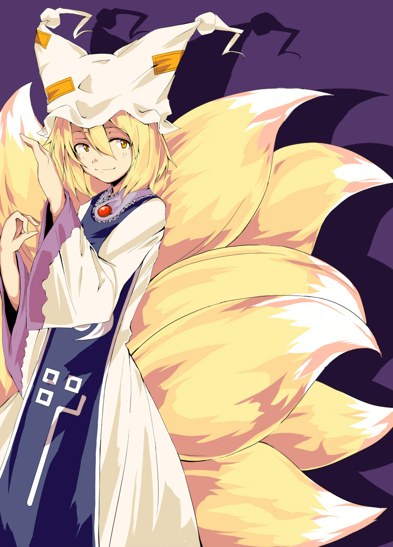 kuze, yakumo ran, touhou, 1girl, alphes (style), animal hat, blonde hair, female focus, fox tail, hat, kitsune, kyuubi, long sleeves, mob cap, multiple tails, parody, purple background, short hair, solo, style parody, surcoat, tail, tassel, wide sleeves, yellow eyes